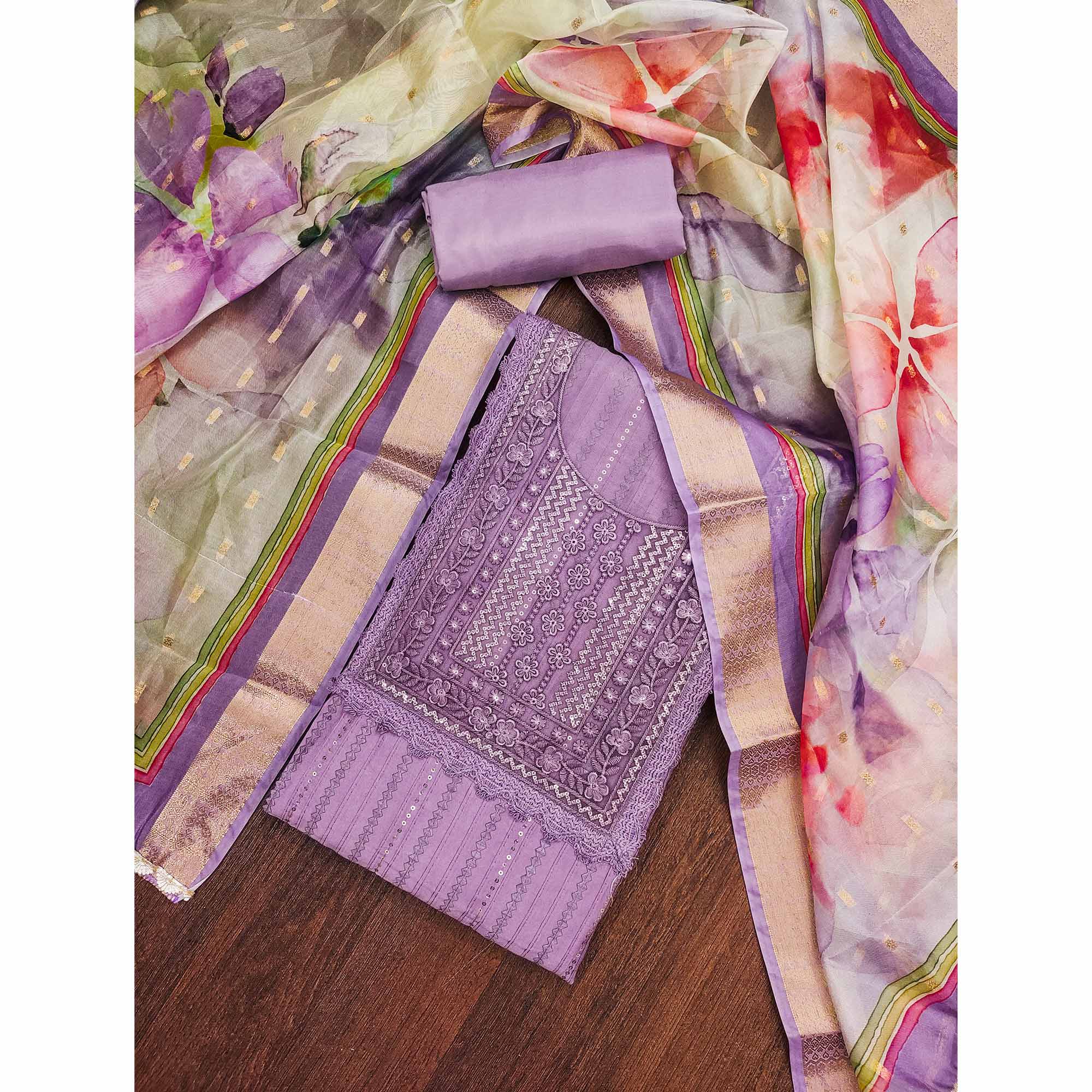 Purple Floral Sequins Embroidered Cotton Silk Dress Material