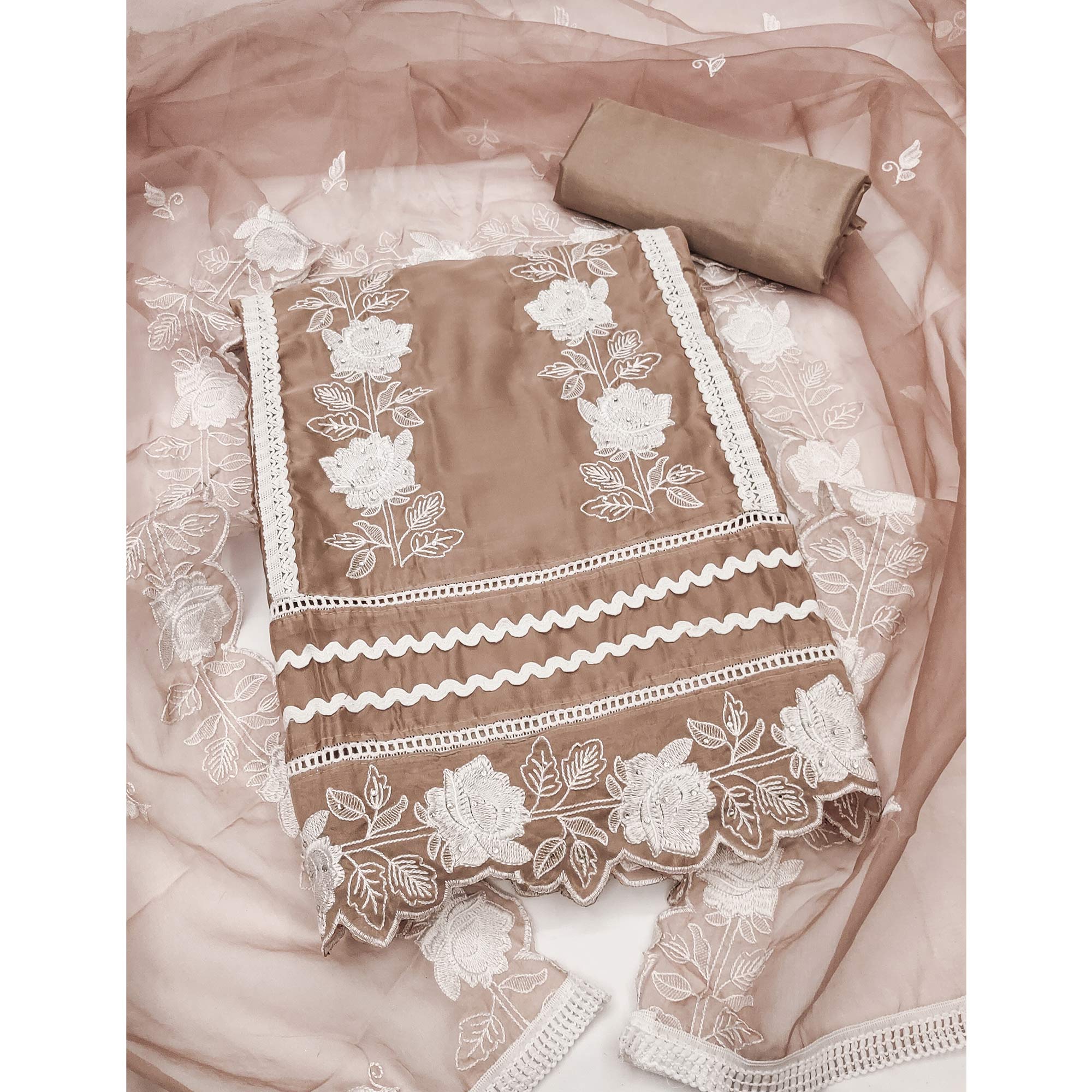 Light Brown Floral Embroidery With Stonework Organza Dress Material