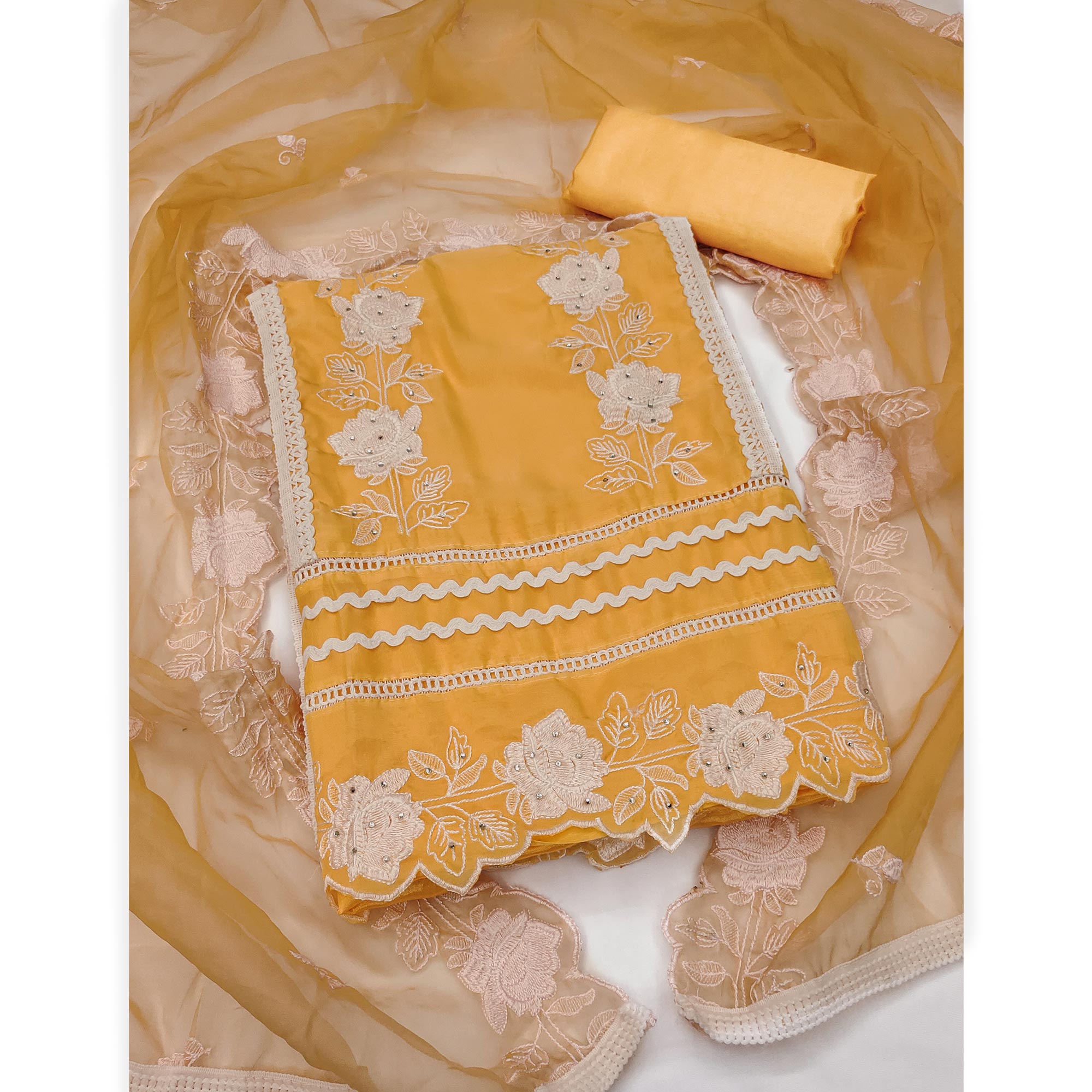 Yellow Floral Embroidery With Stonework Organza Dress Material