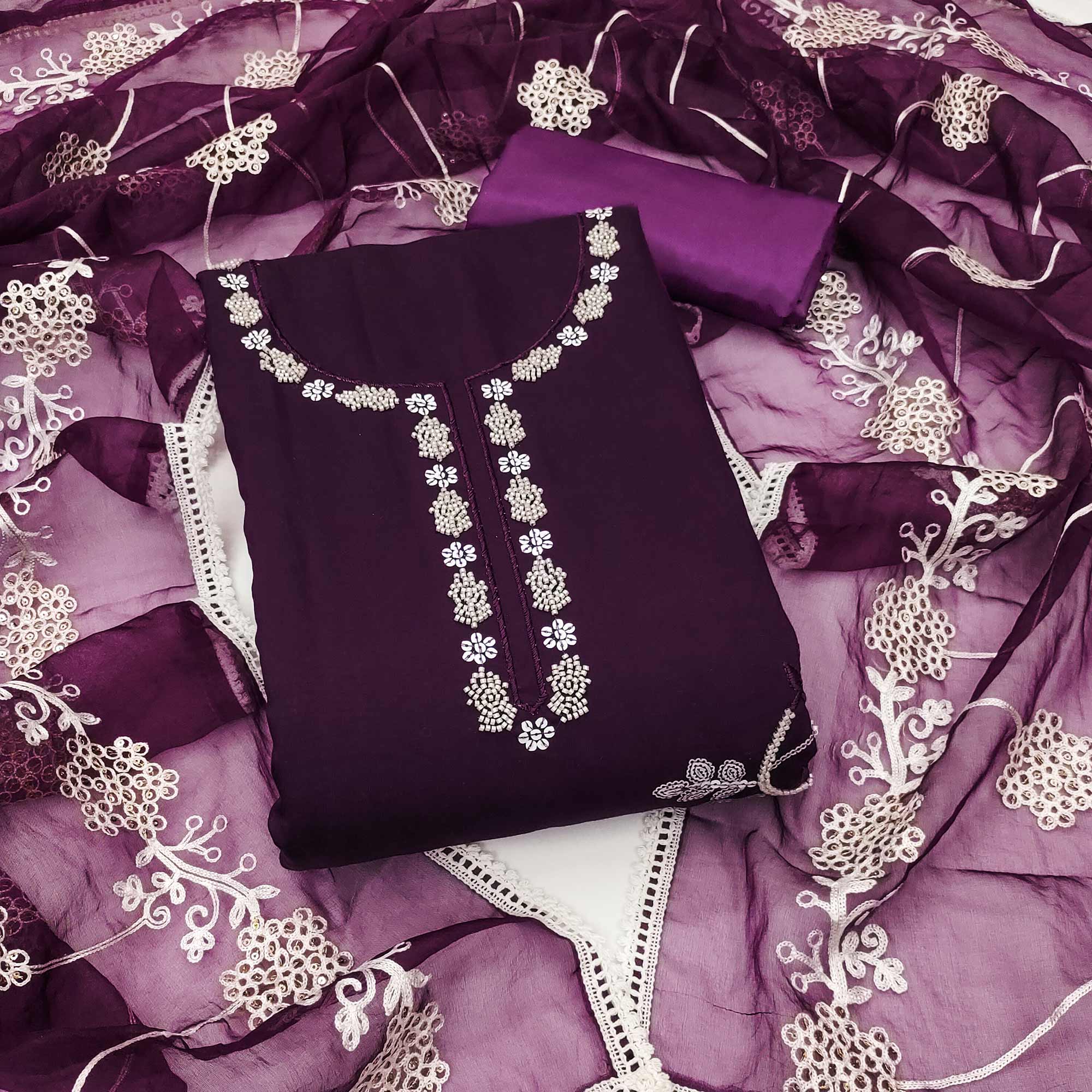 Purple Floral Sequins Embroidery With Handwork Cotton Silk Dress Material