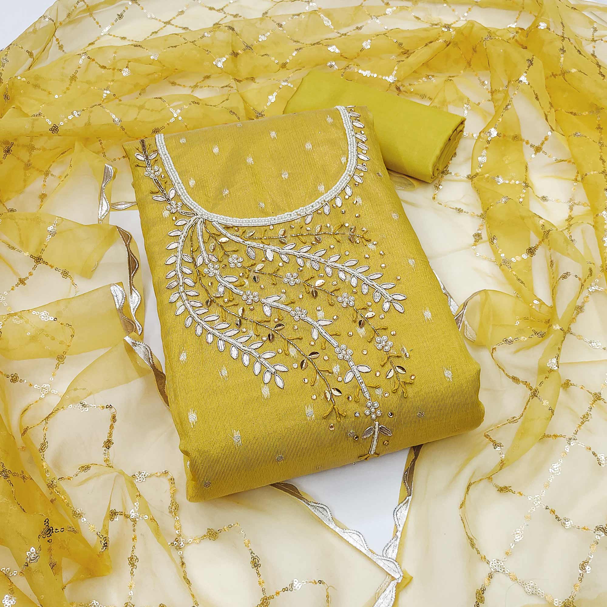 Yellow Woven With Handwork Shimmer Banarasi Silk Material Material