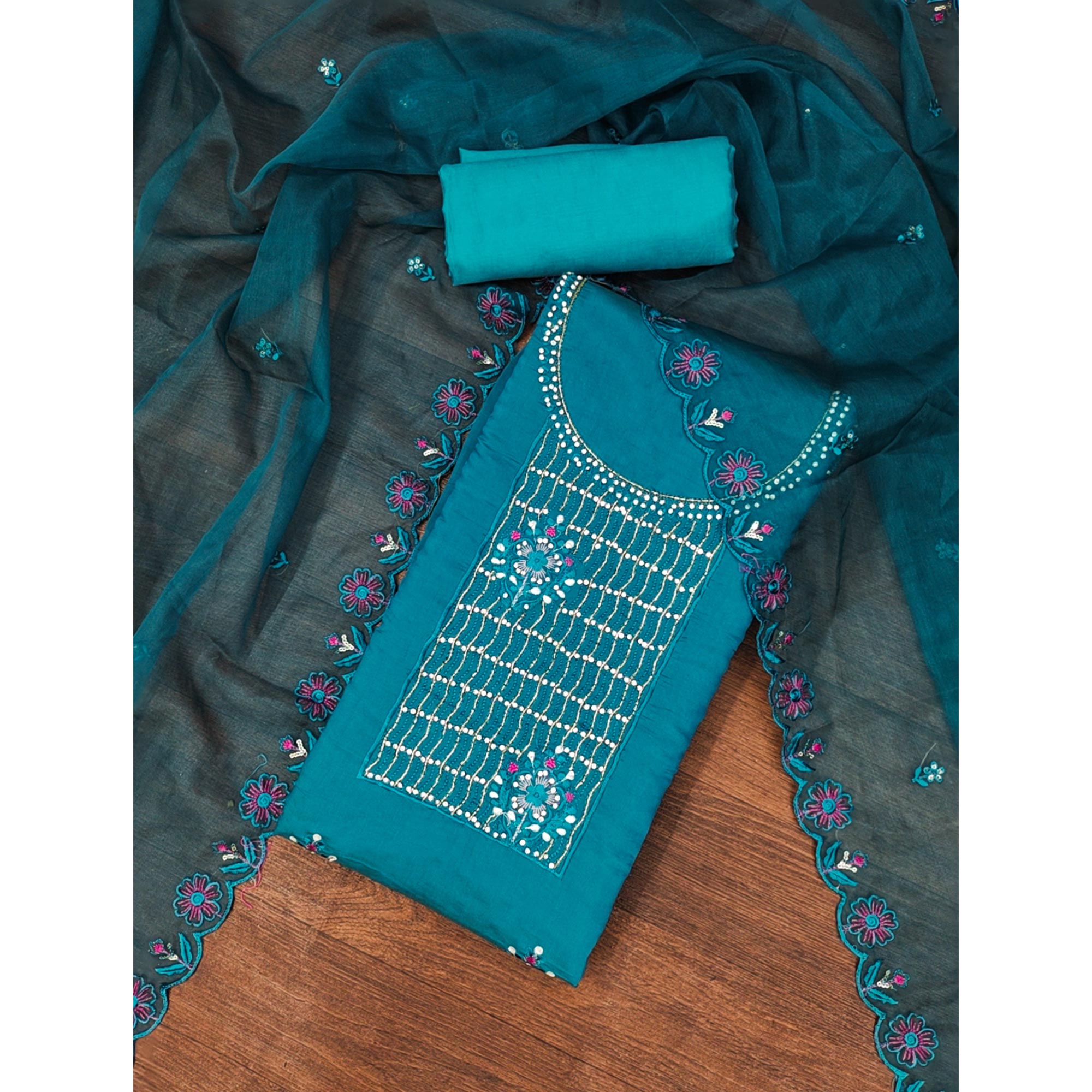 Teal Floral Embroidery With Stonework Cotton Silk Dress Material