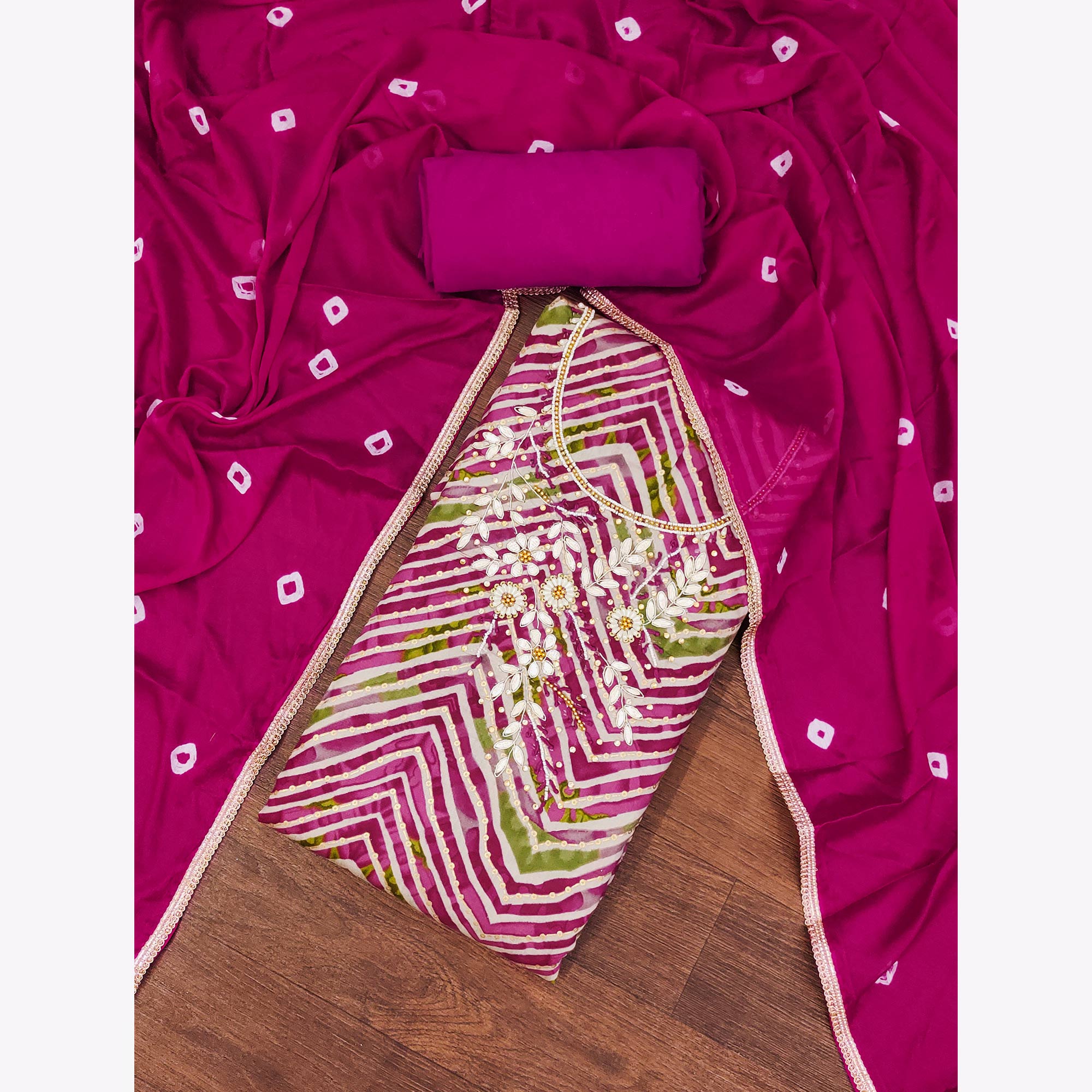Magenta Zig Zag Printed With Floral Handwork Roman Cotton Silk Dress Material