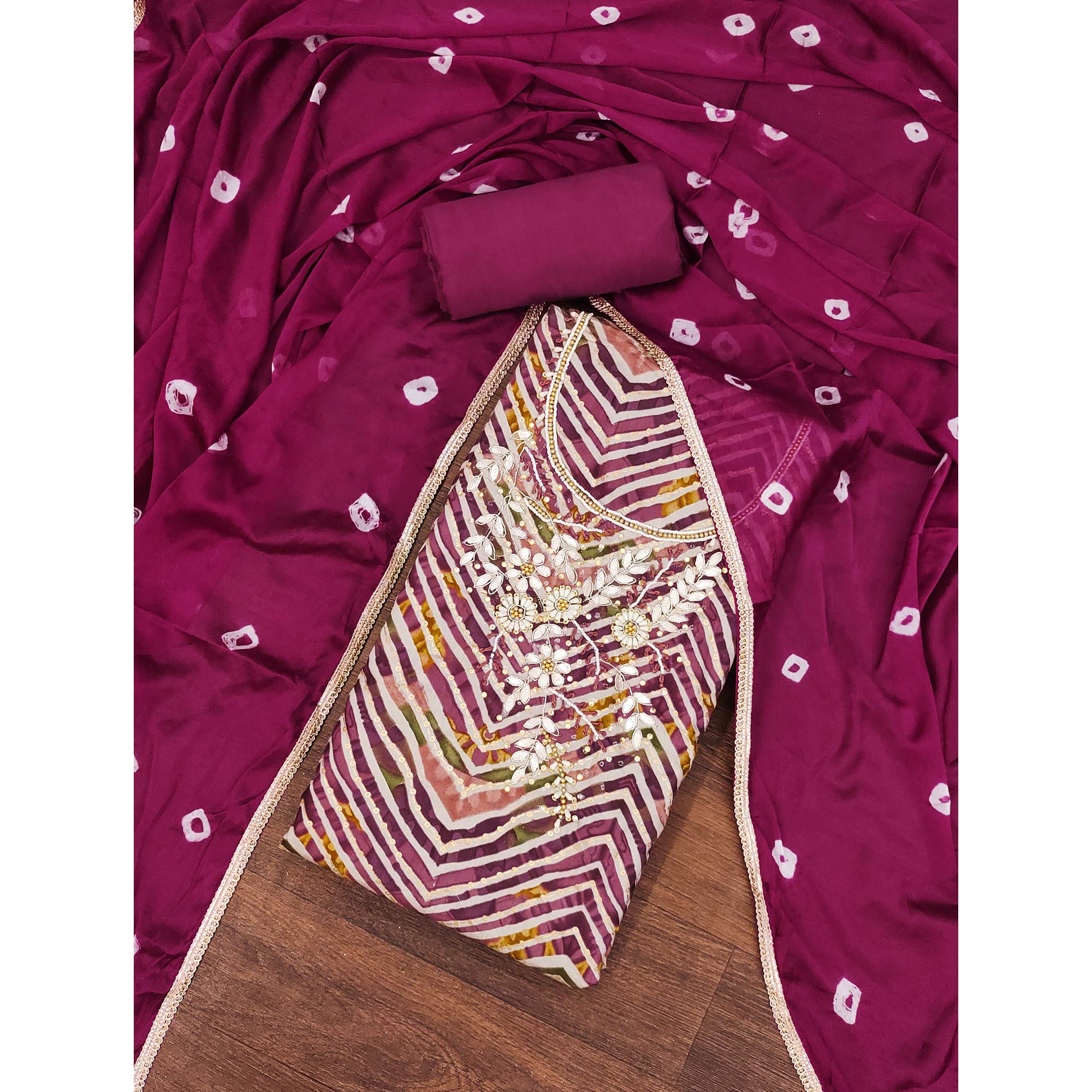 Wine Zig Zag Printed With Floral Handwork Roman Cotton Silk Dress Material