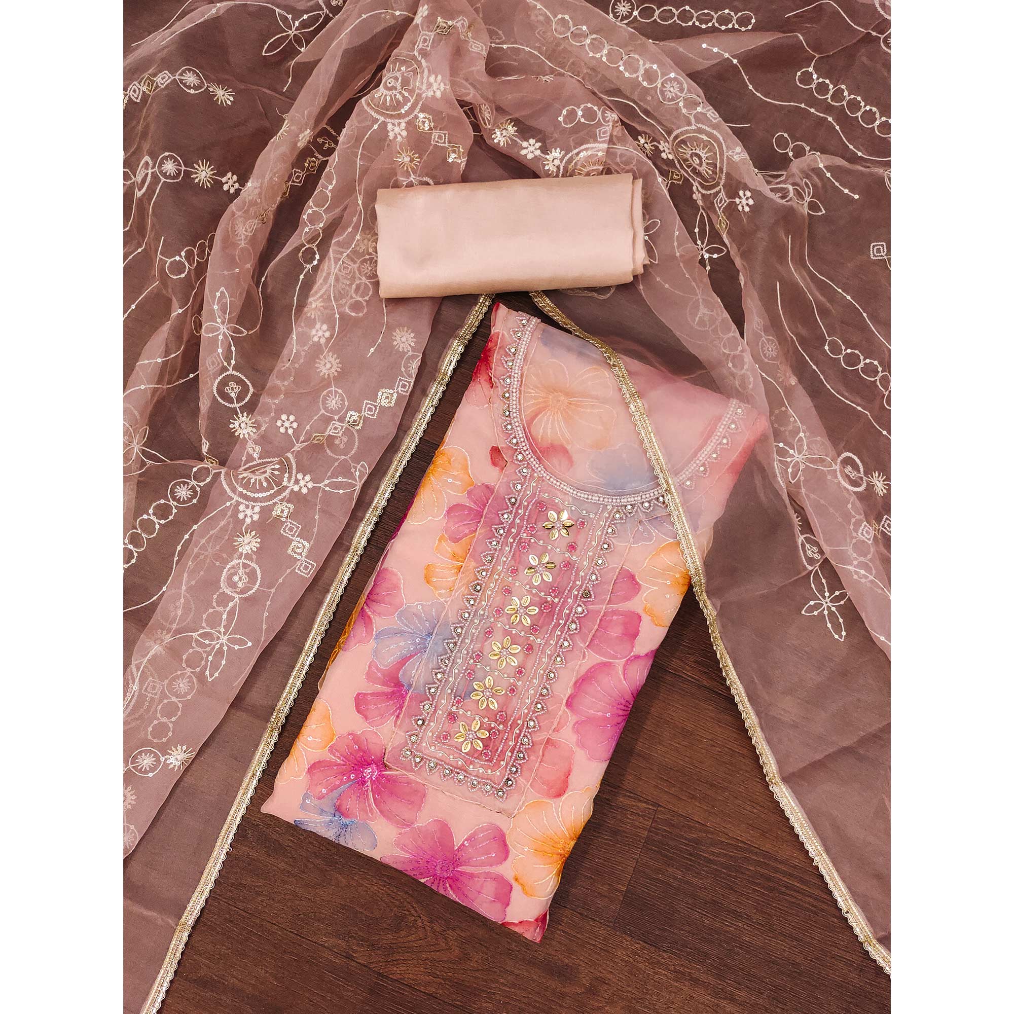 Peach Floral Sequins Embroidery With Handwork Organza Dress Material