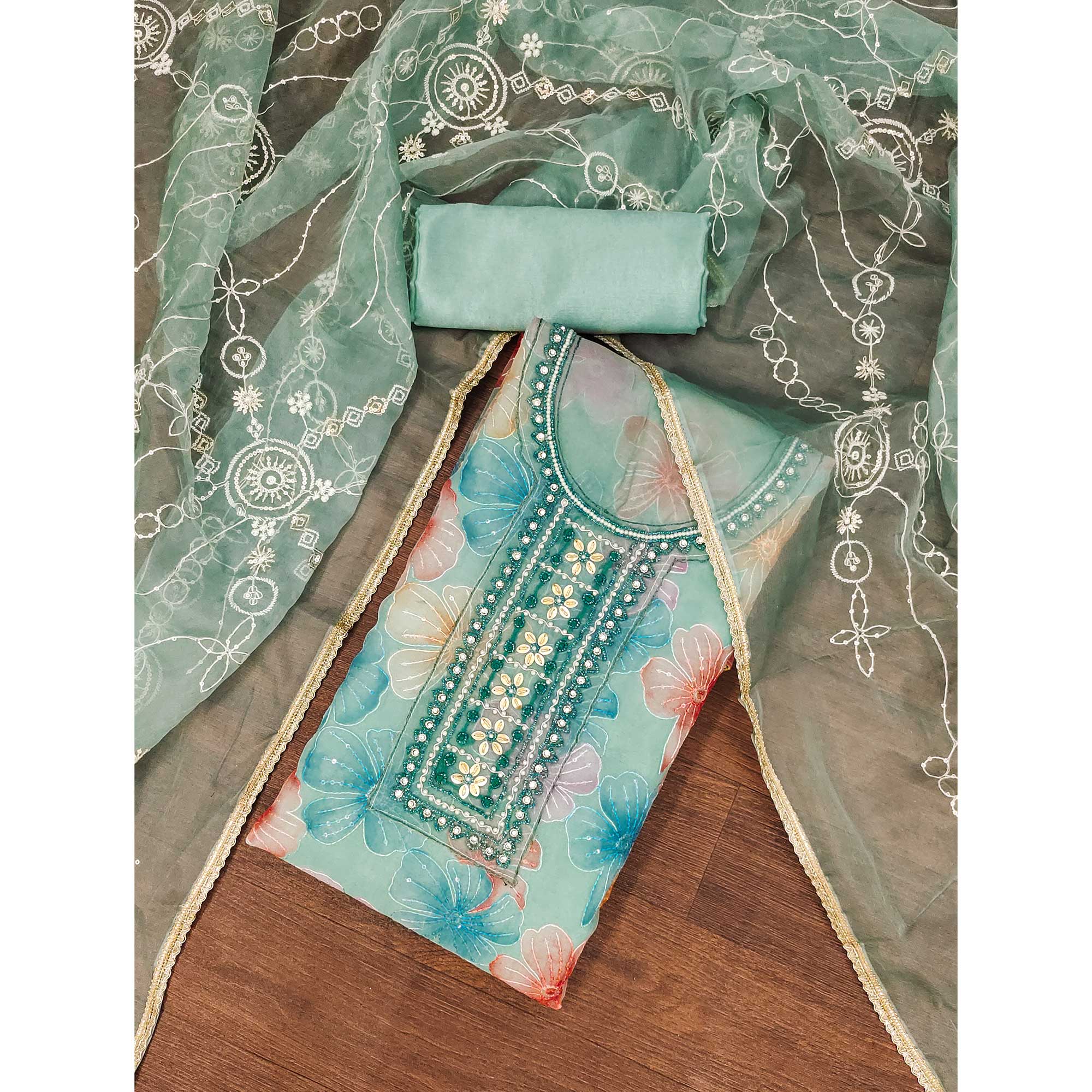 Turquoise Floral Sequins Embroidery With Handwork Organza Dress Material