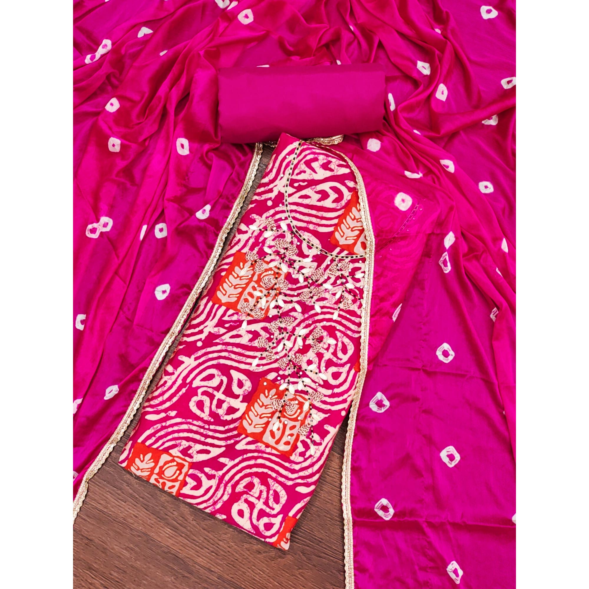 Pink Printed With Handwork Cotton Silk Dress Material