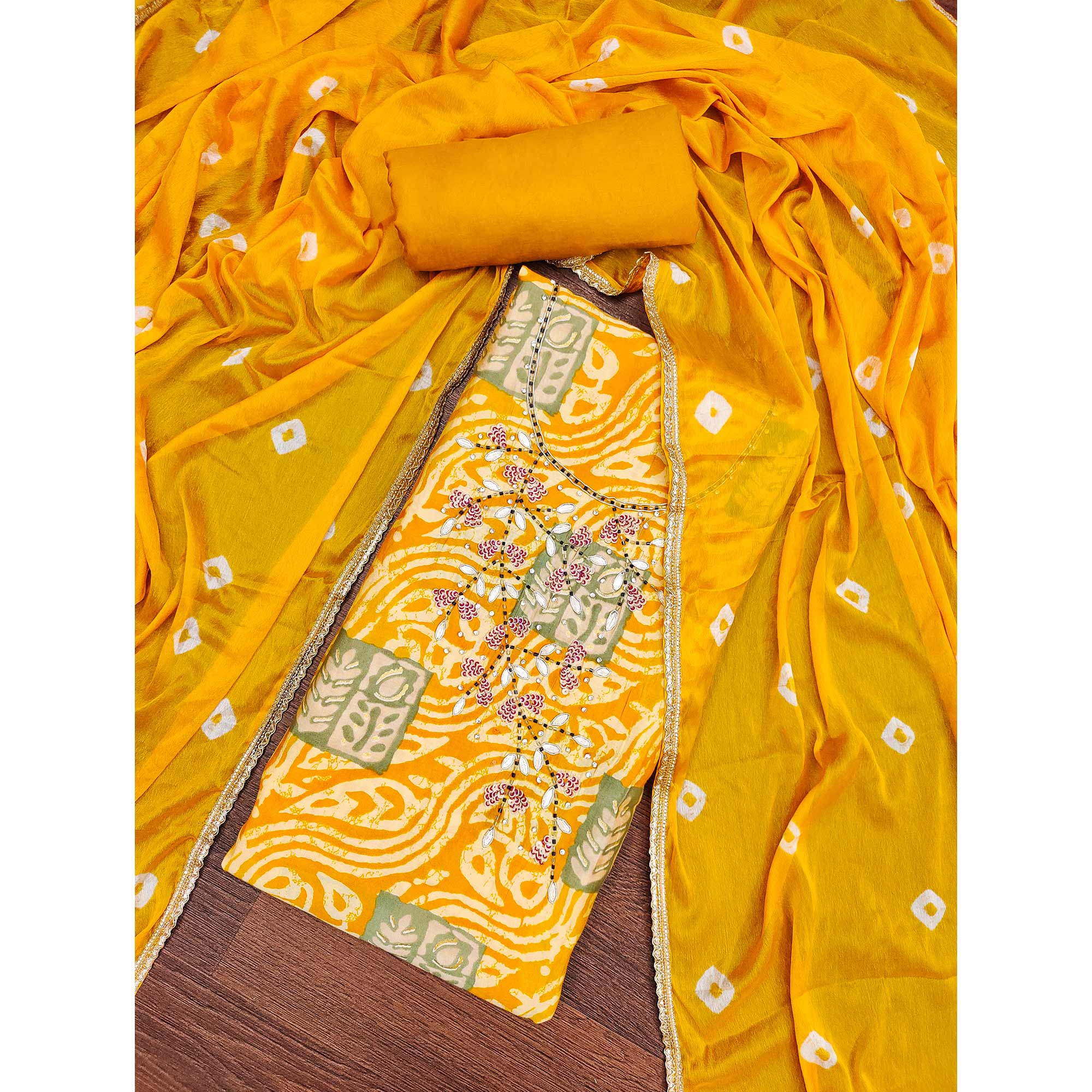Yellow Printed With Handwork Cotton Silk Dress Material