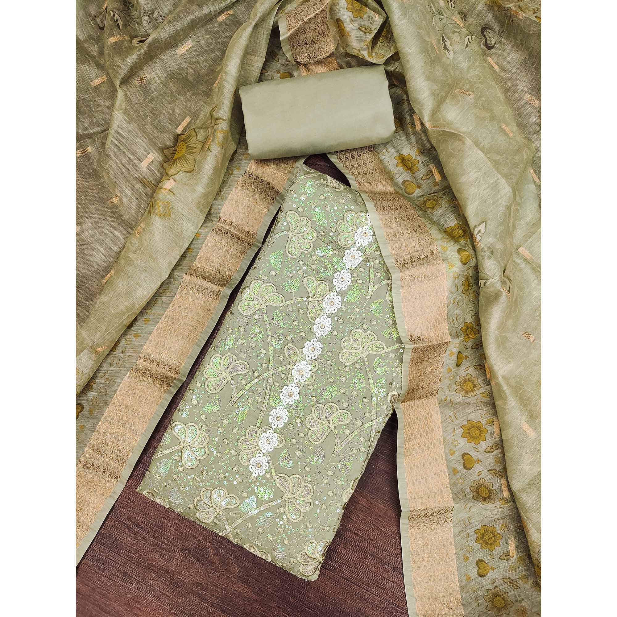 Green Floral Sequins Embroidery Cotton Roman Silk Dress Material