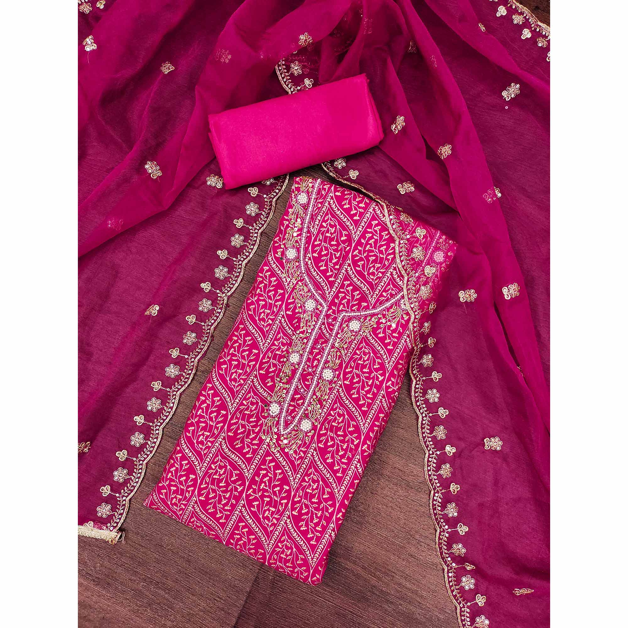Rani Pink Foil Printed With Handwork Cotton Roman Silk Dress Material