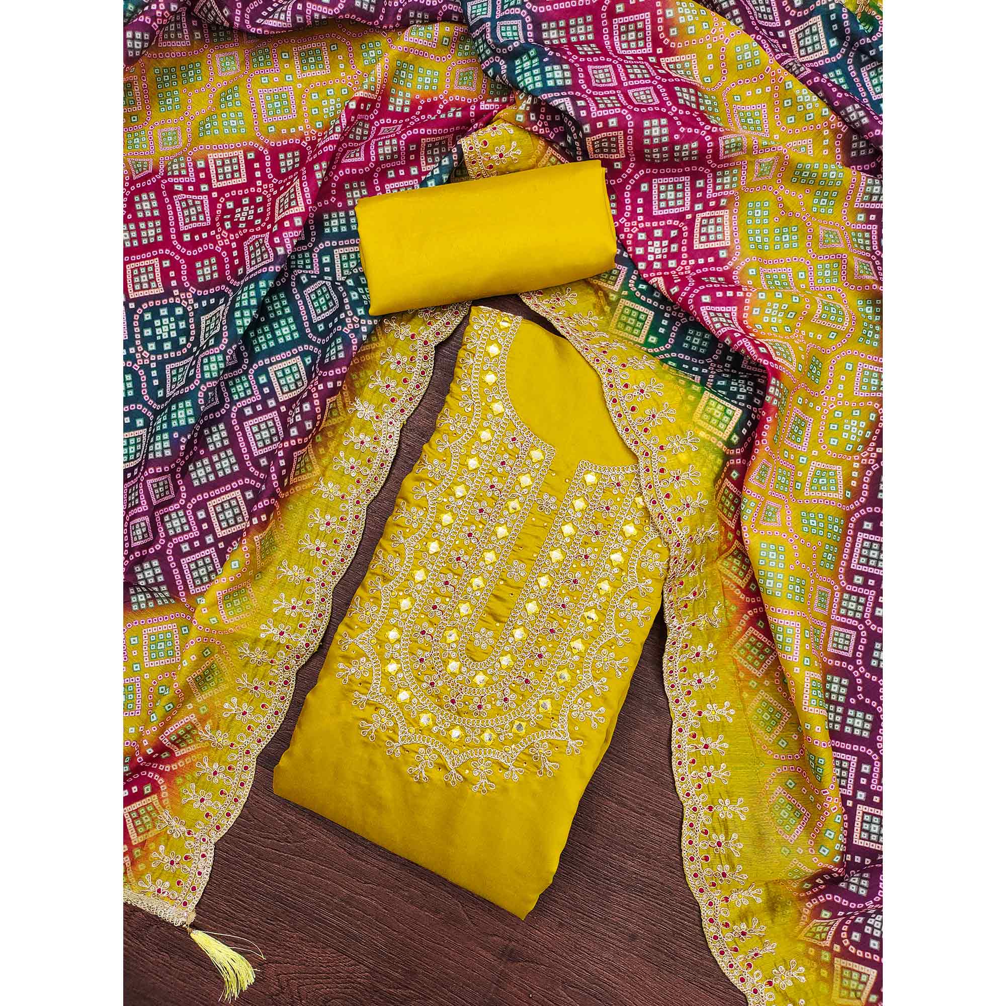 Yellow Floral Embroidery With Stonework Roman Cotton Silk Dress Material