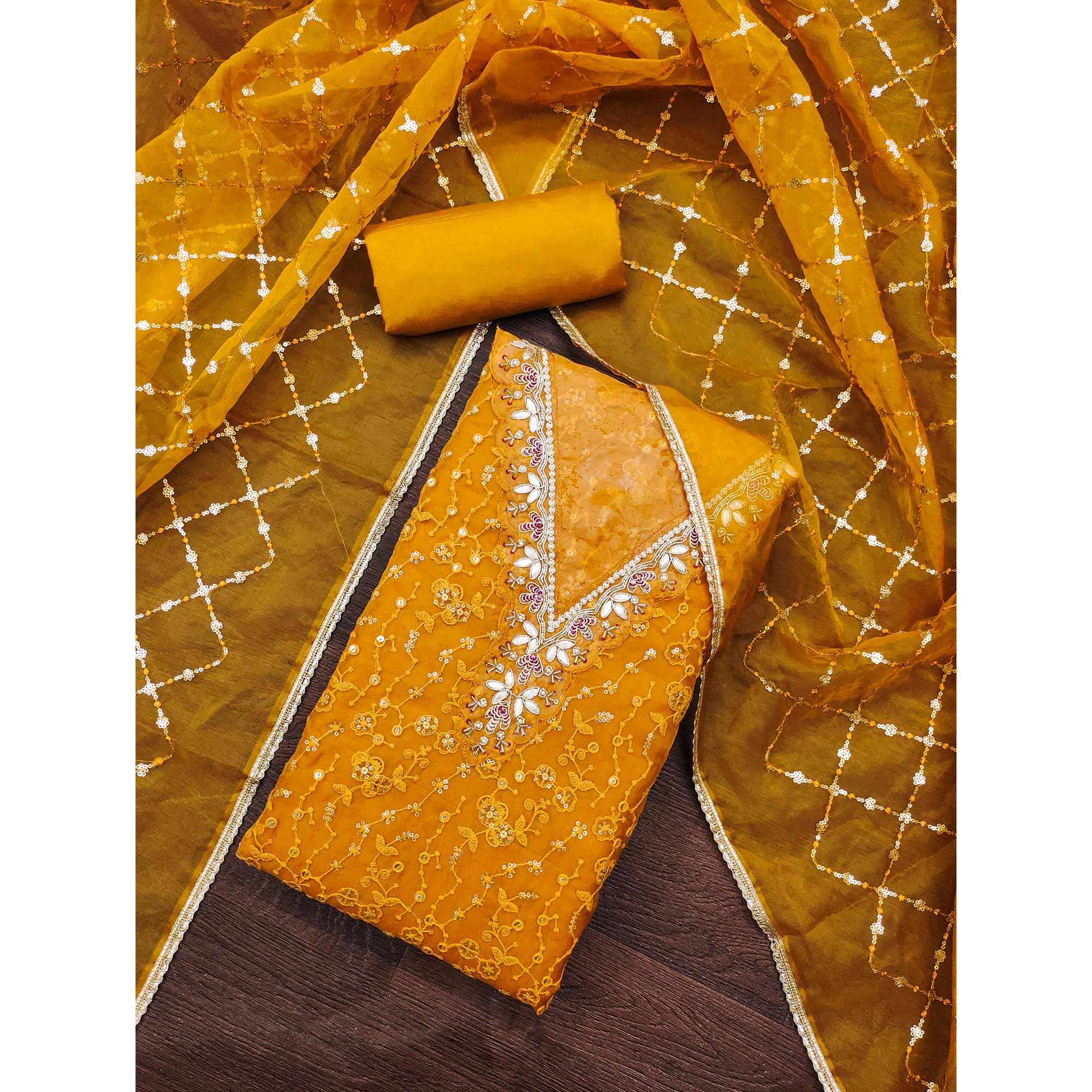 Mustard Floral Sequins Embroidery With Handwork Organza Dress Material