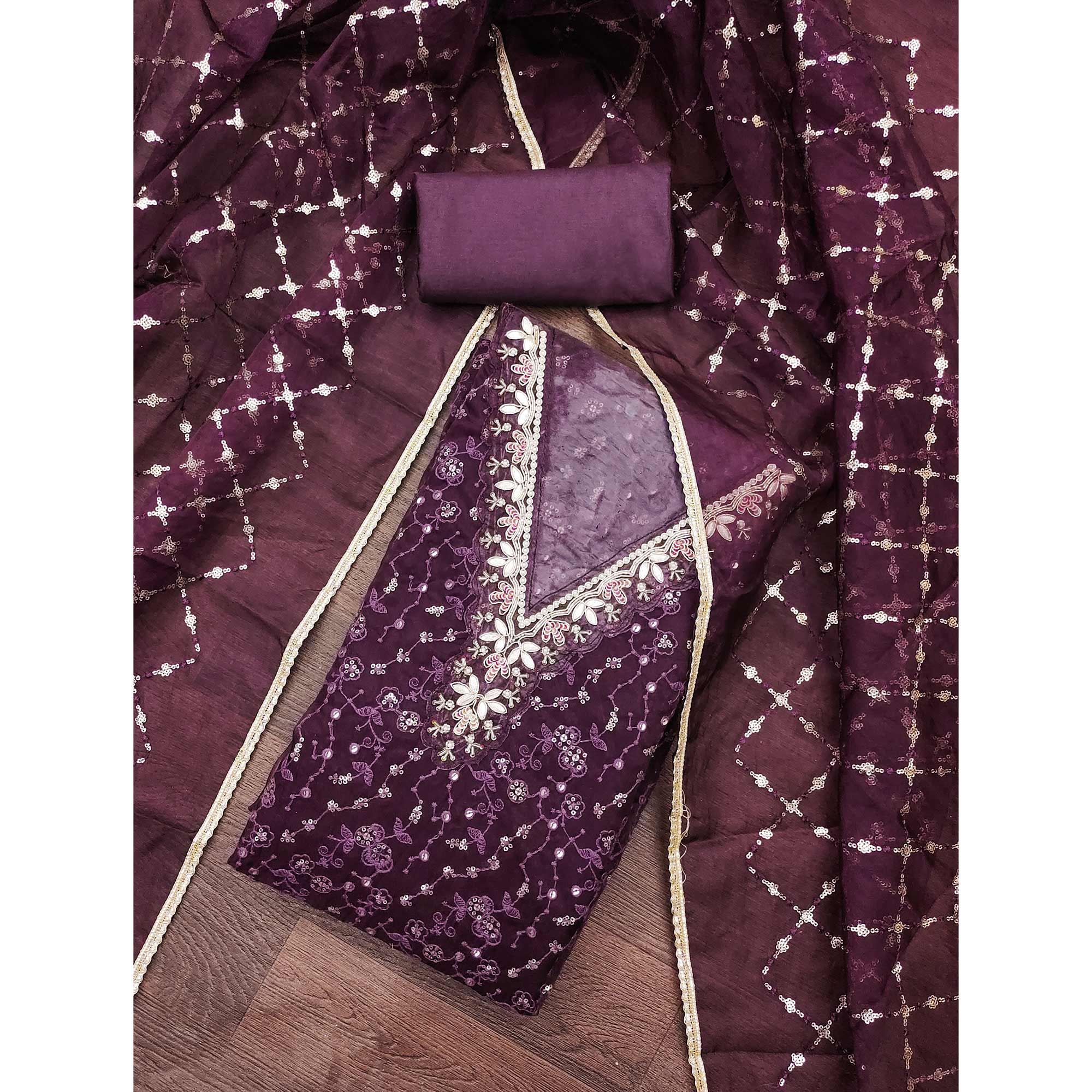 Wine Floral Sequins Embroidery With Handwork Organza Dress Material