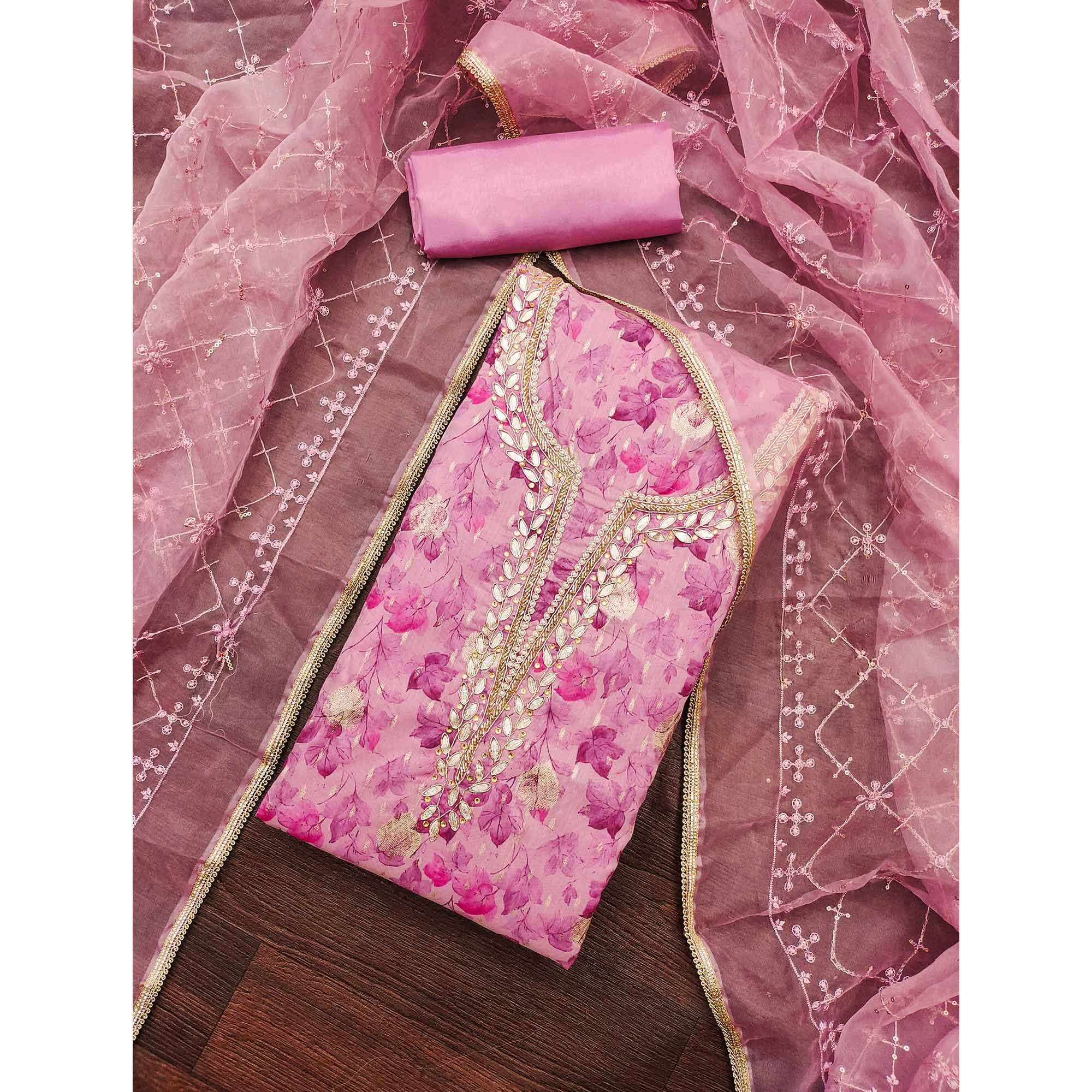 Pink Floral Woven With Handwork Viscose Banarasi Dress Material