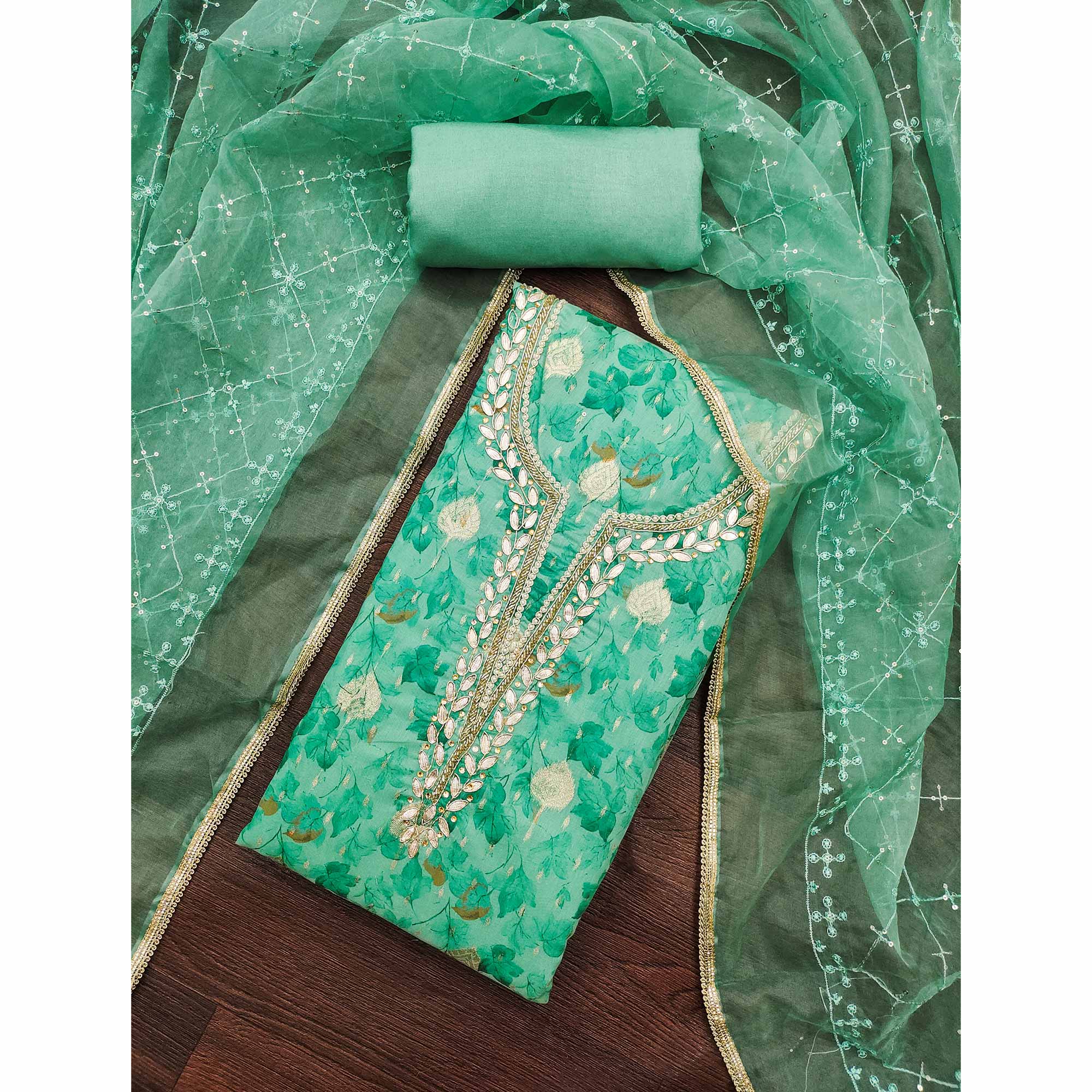 Sea Green Floral Woven With Handwork Viscose Banarasi Dress Material