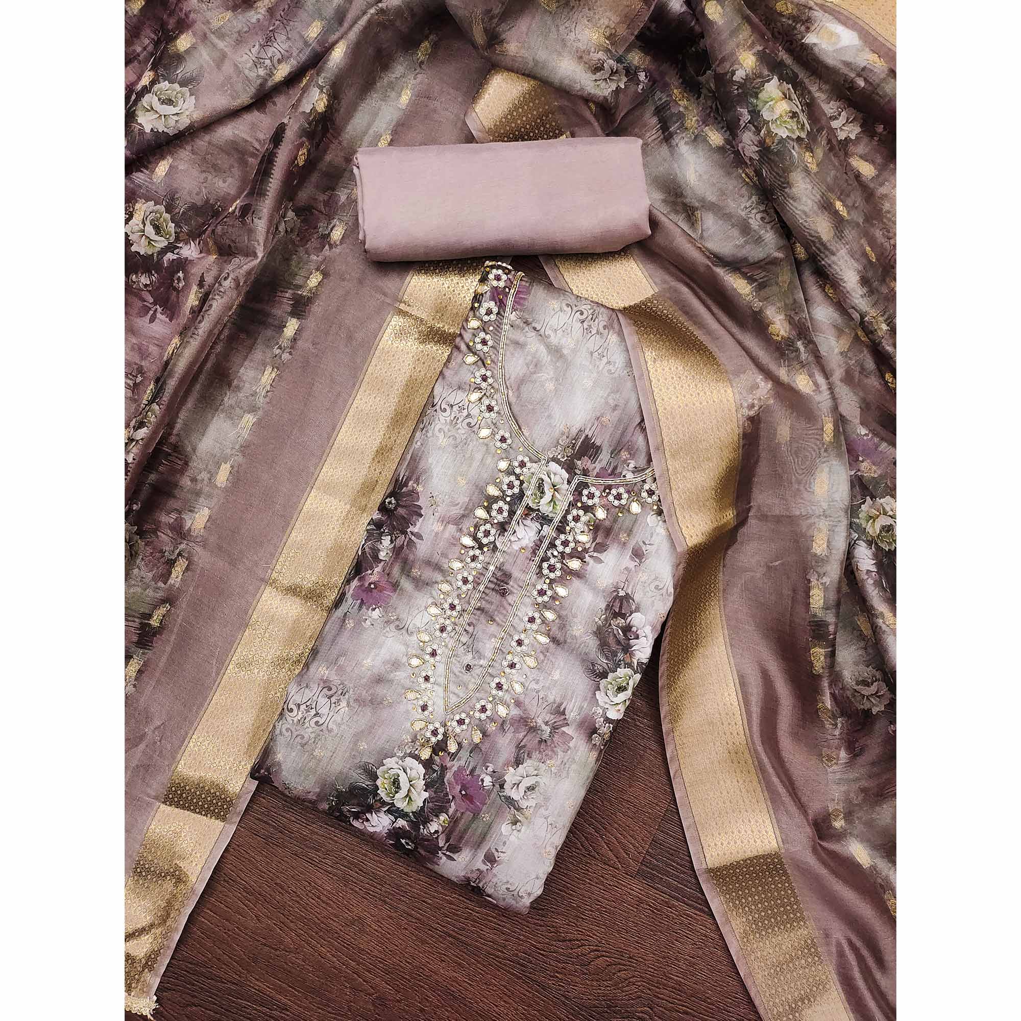 Wine Floral Printed With Handwork Muslin Dress Material