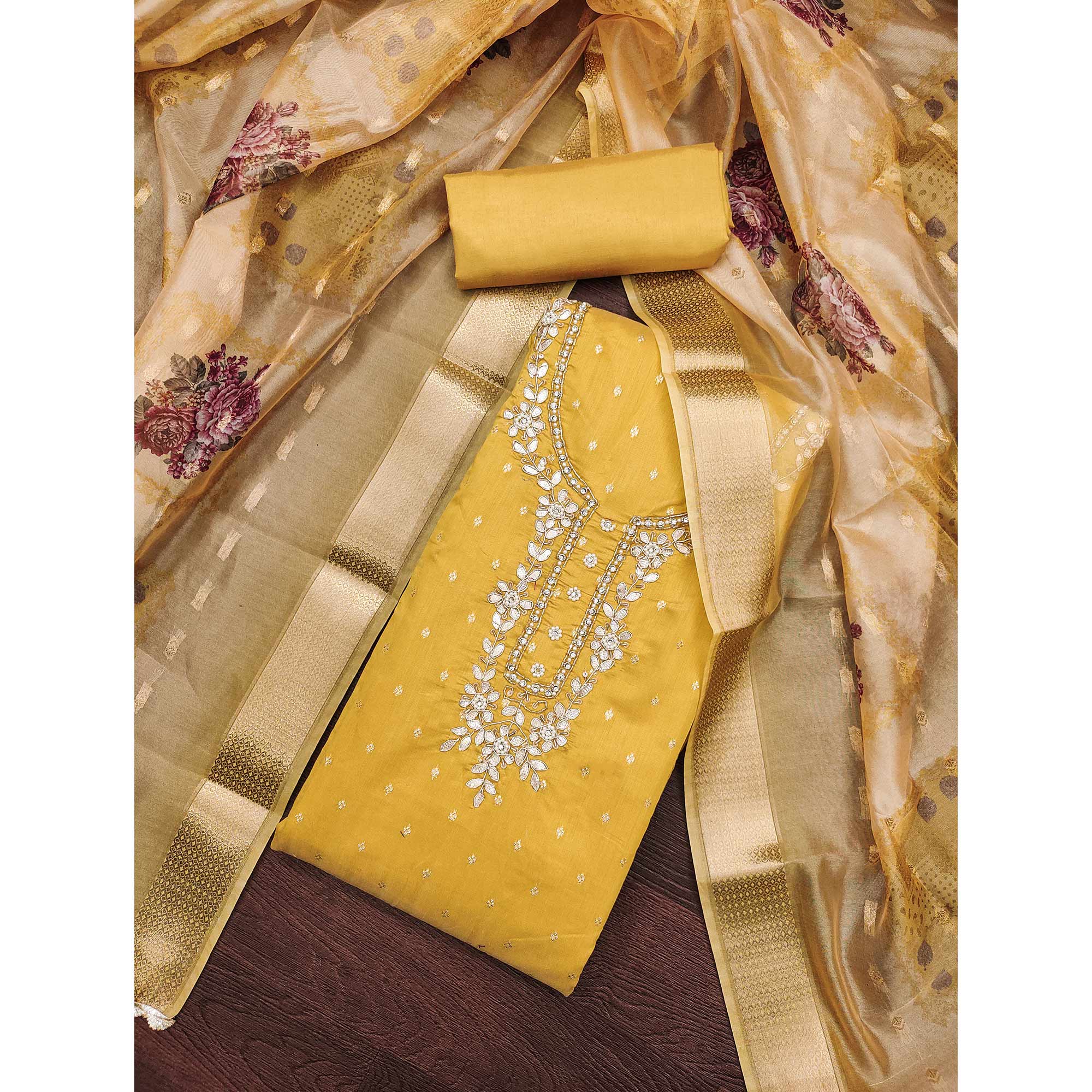 Yellow Floral Moti With Gota Patti Handwork Banaarasi Silk Dress Material