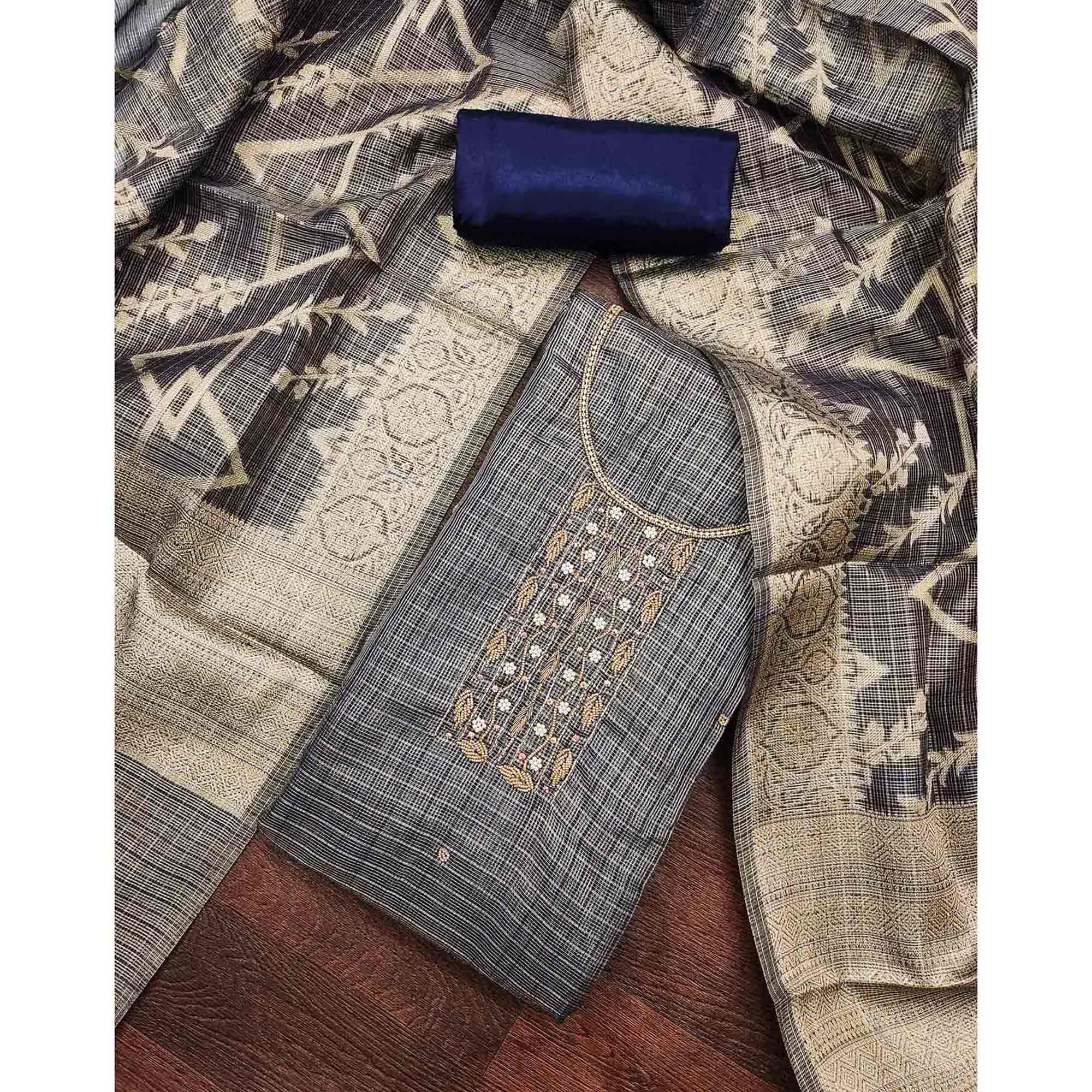 Blue Floral Handwork With Woven Viscose Dress Material