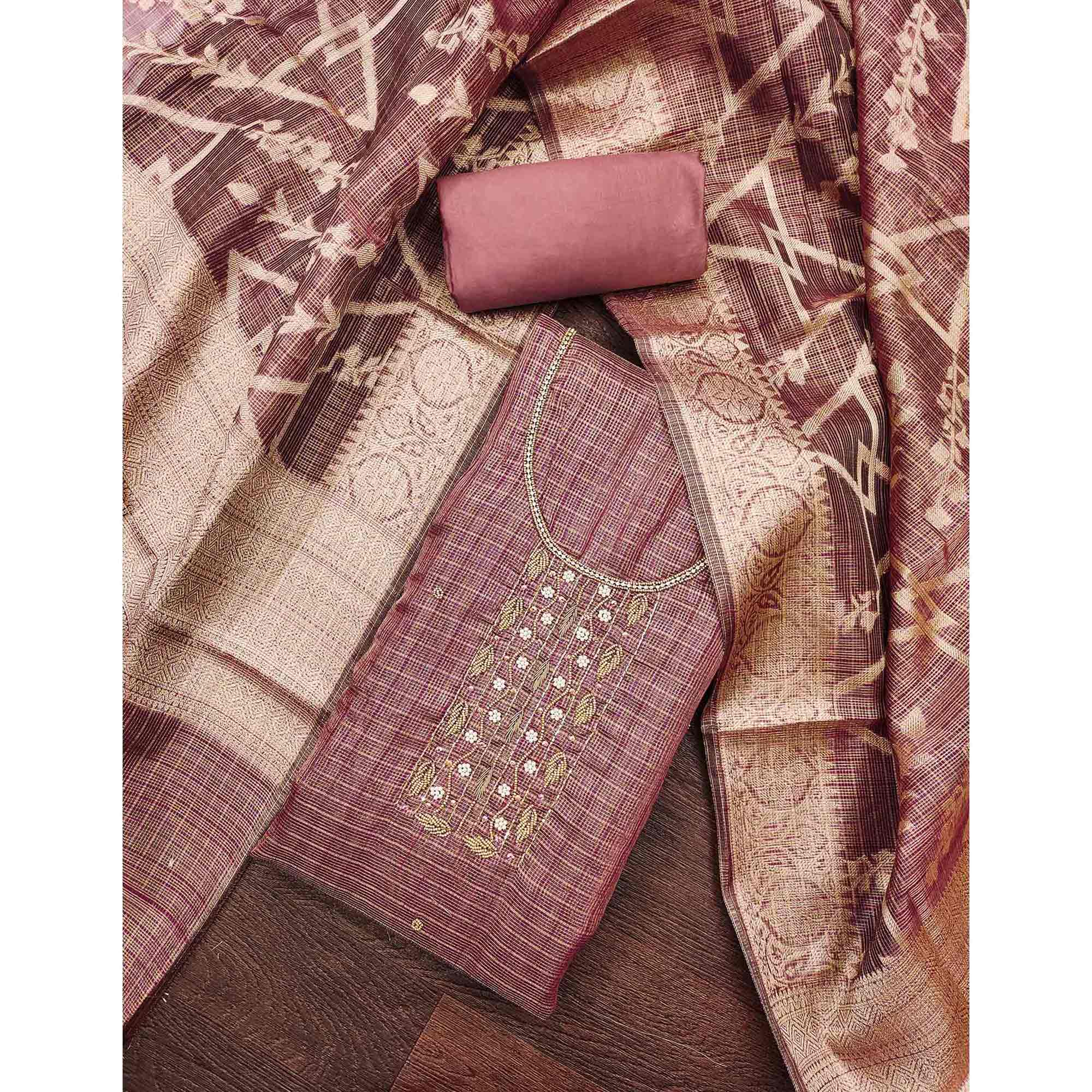 Mauve Floral Handwork With Woven Viscose Dress Material