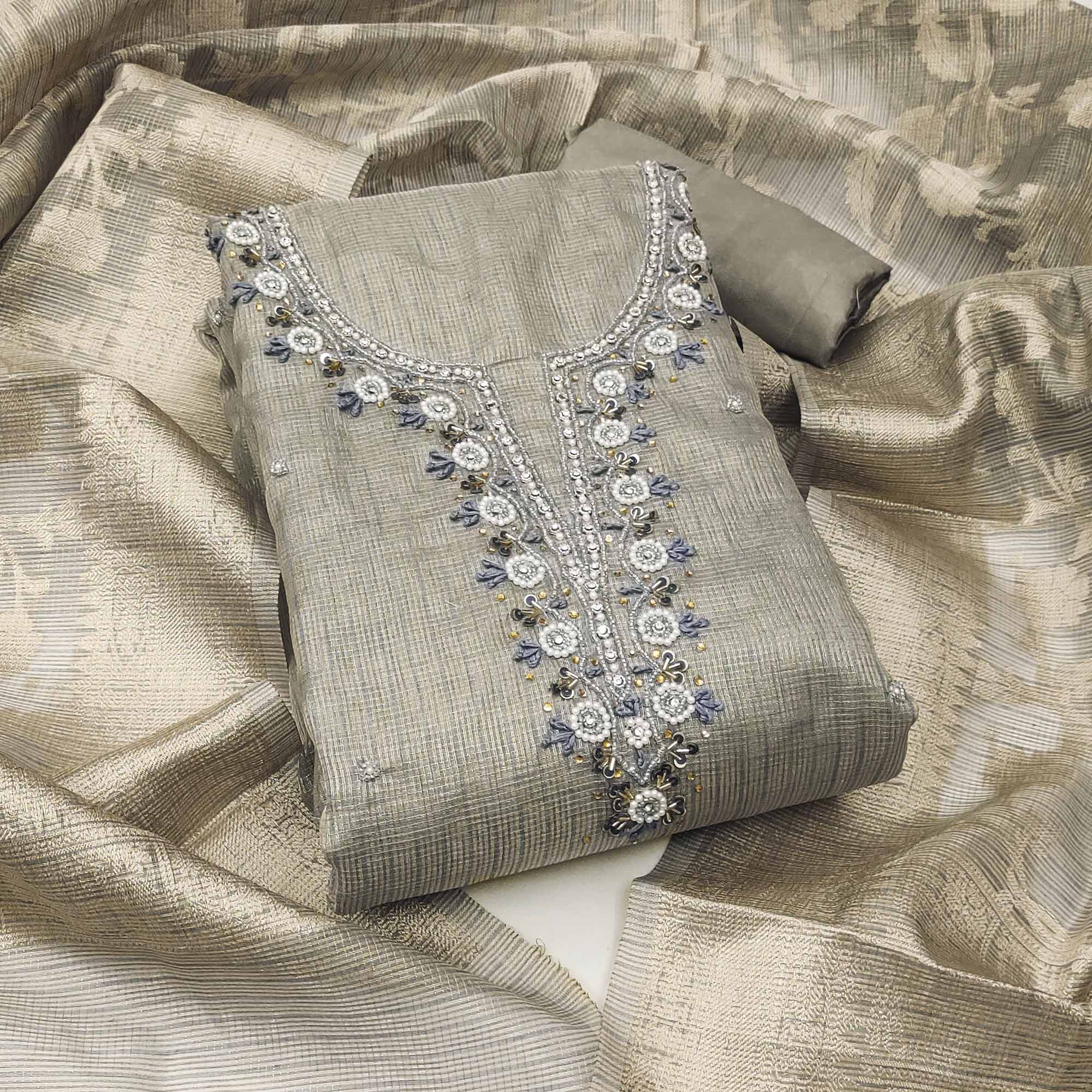 Grey Woven With Moti Handwork Viscose Dress Material