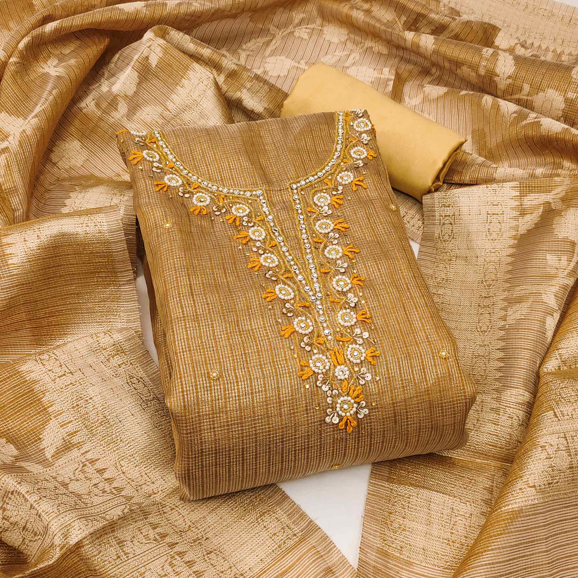 Mustard Woven With Moti Handwork Viscose Dress Material