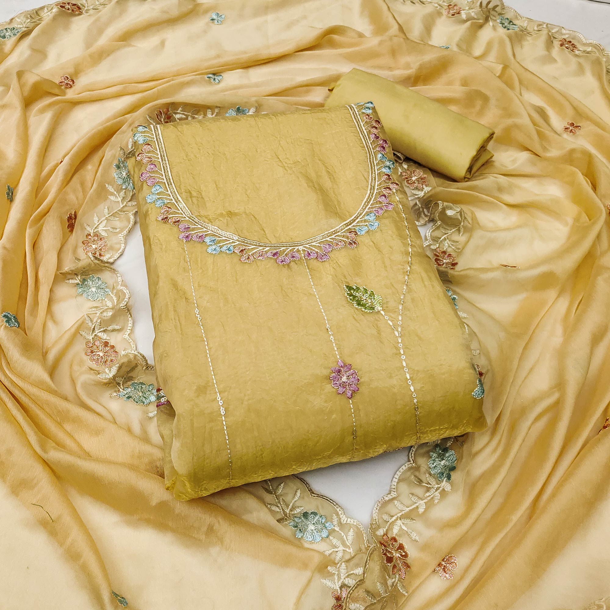 Chikoo Floral Sequins Embroidered Viscose Golden Crush Dress Material