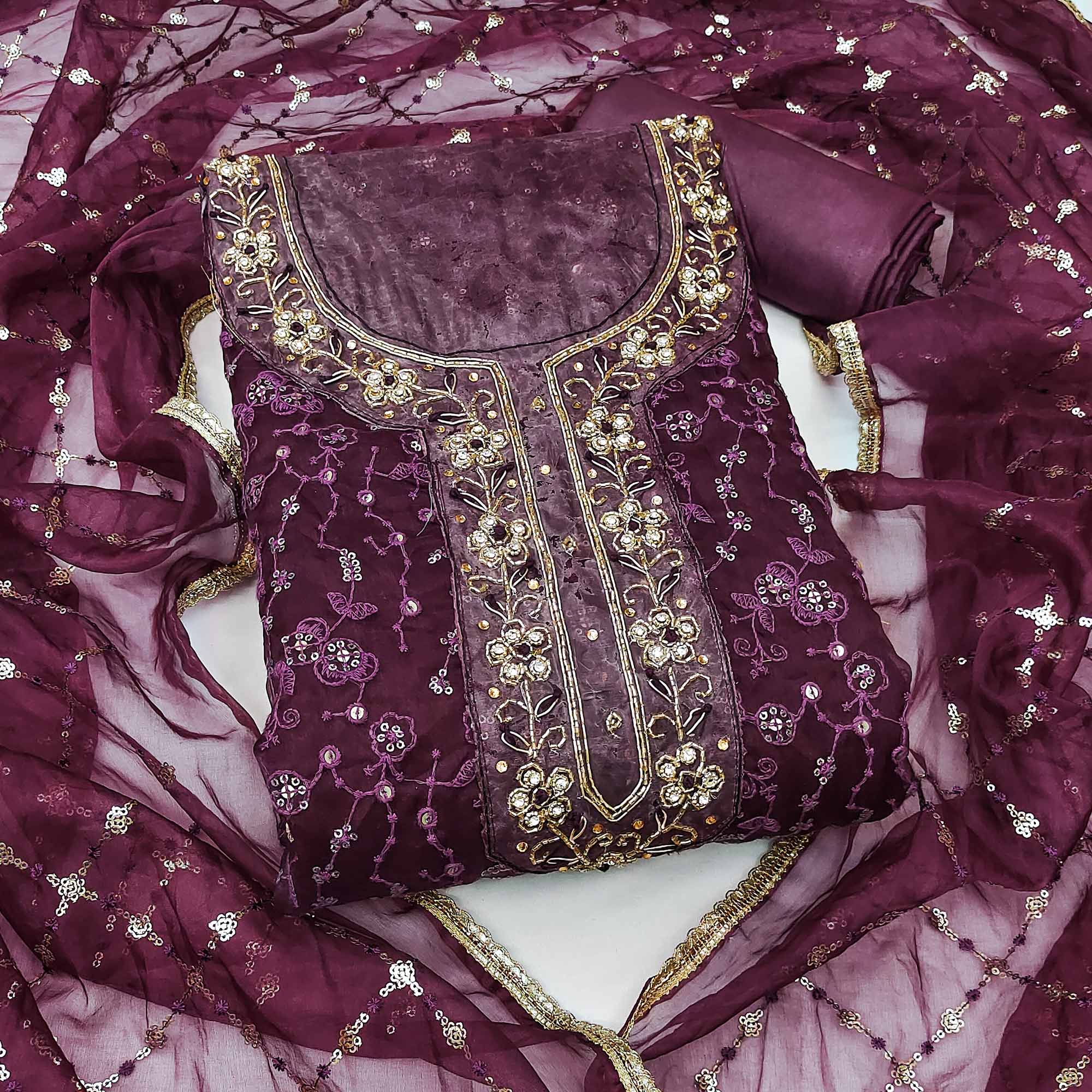 Wine Floral Sequins Embroidered With Handwork Organza Dress Material