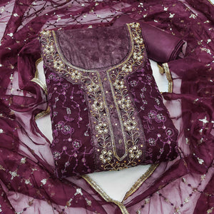 Wine Floral Sequins Embroidered With Handwork Organza Dress Material