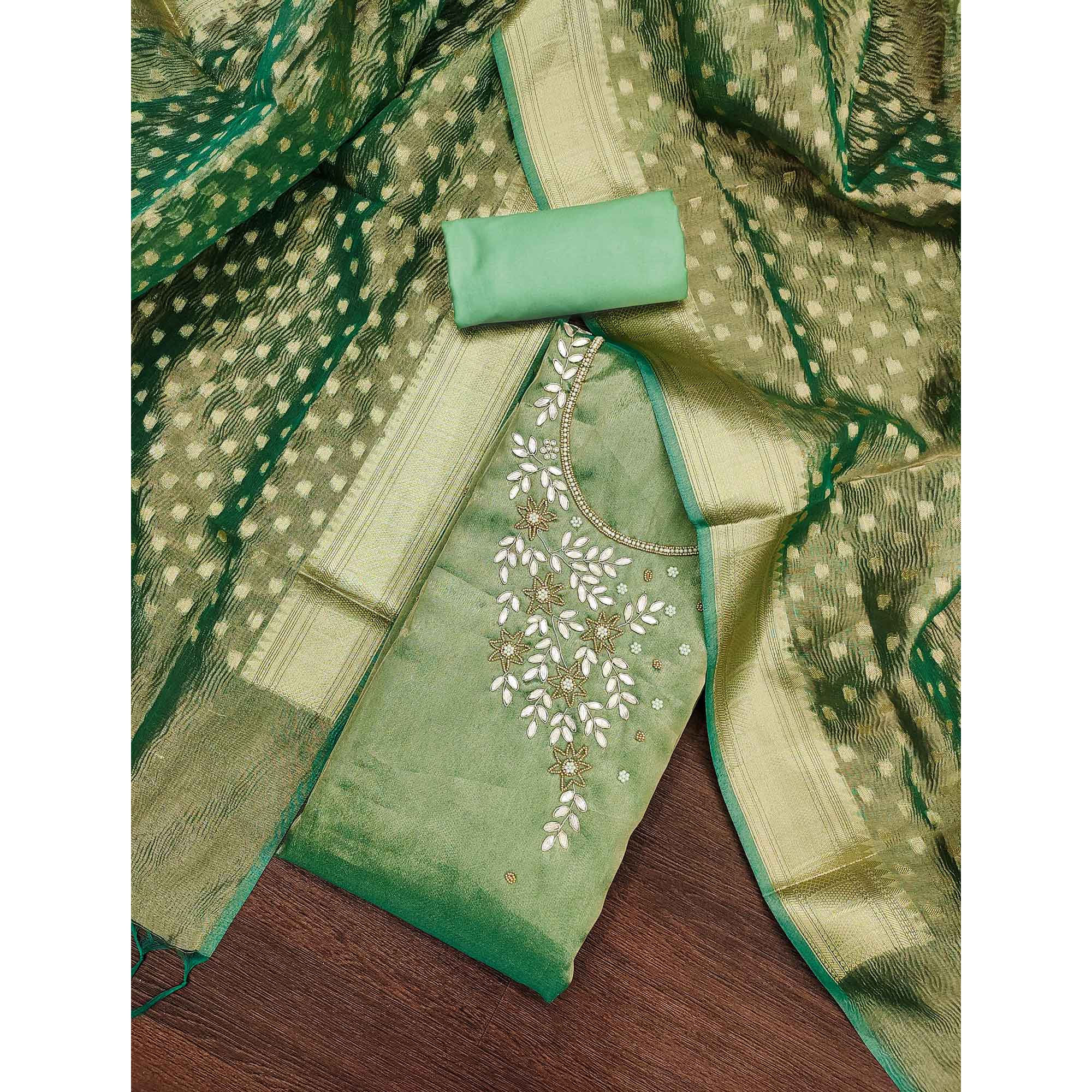 Green Floral Moti & Gota Patti Handwork Viscose Dress Material