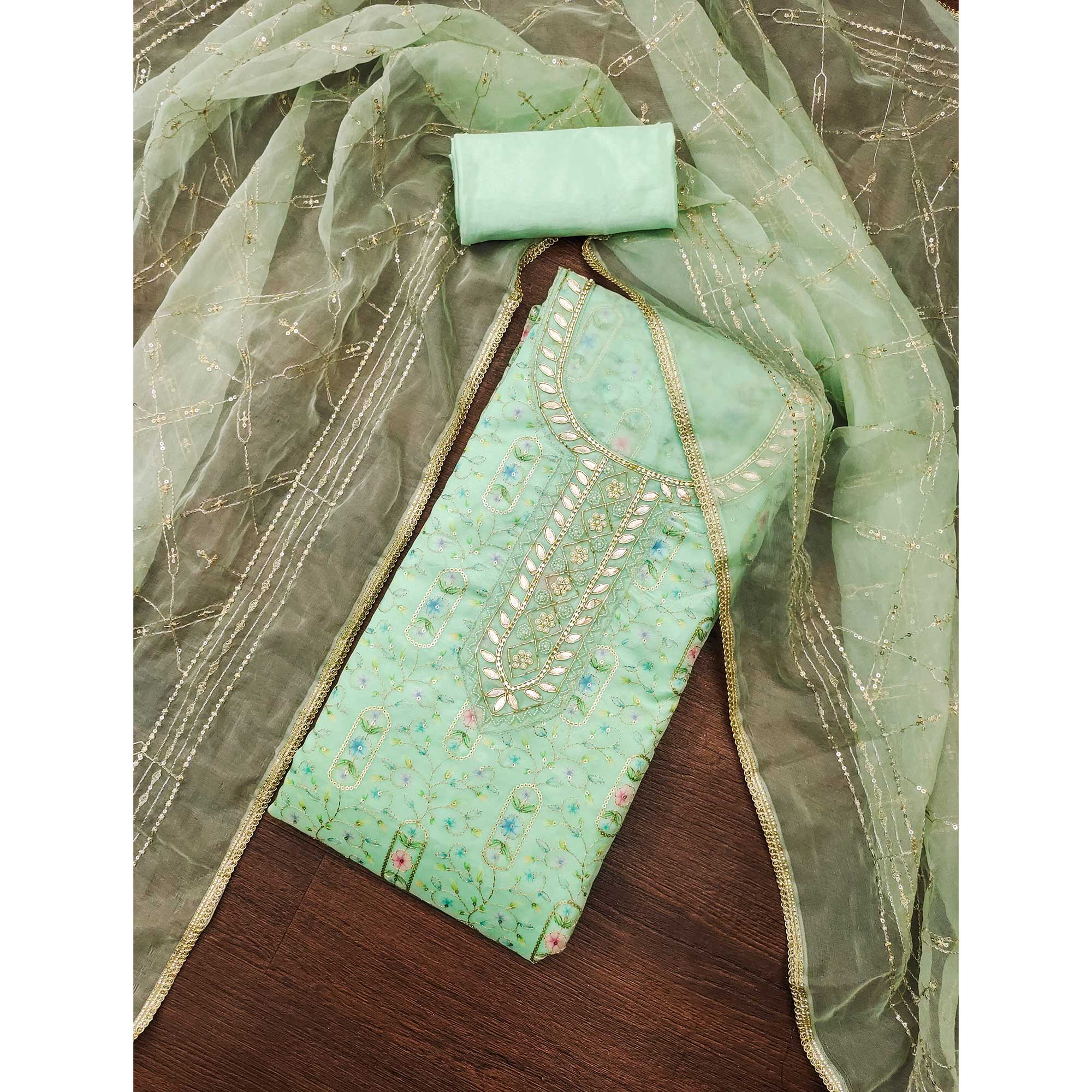 Sea Green Floral Sequins Embroidery With Handwork Viscose Dress Material