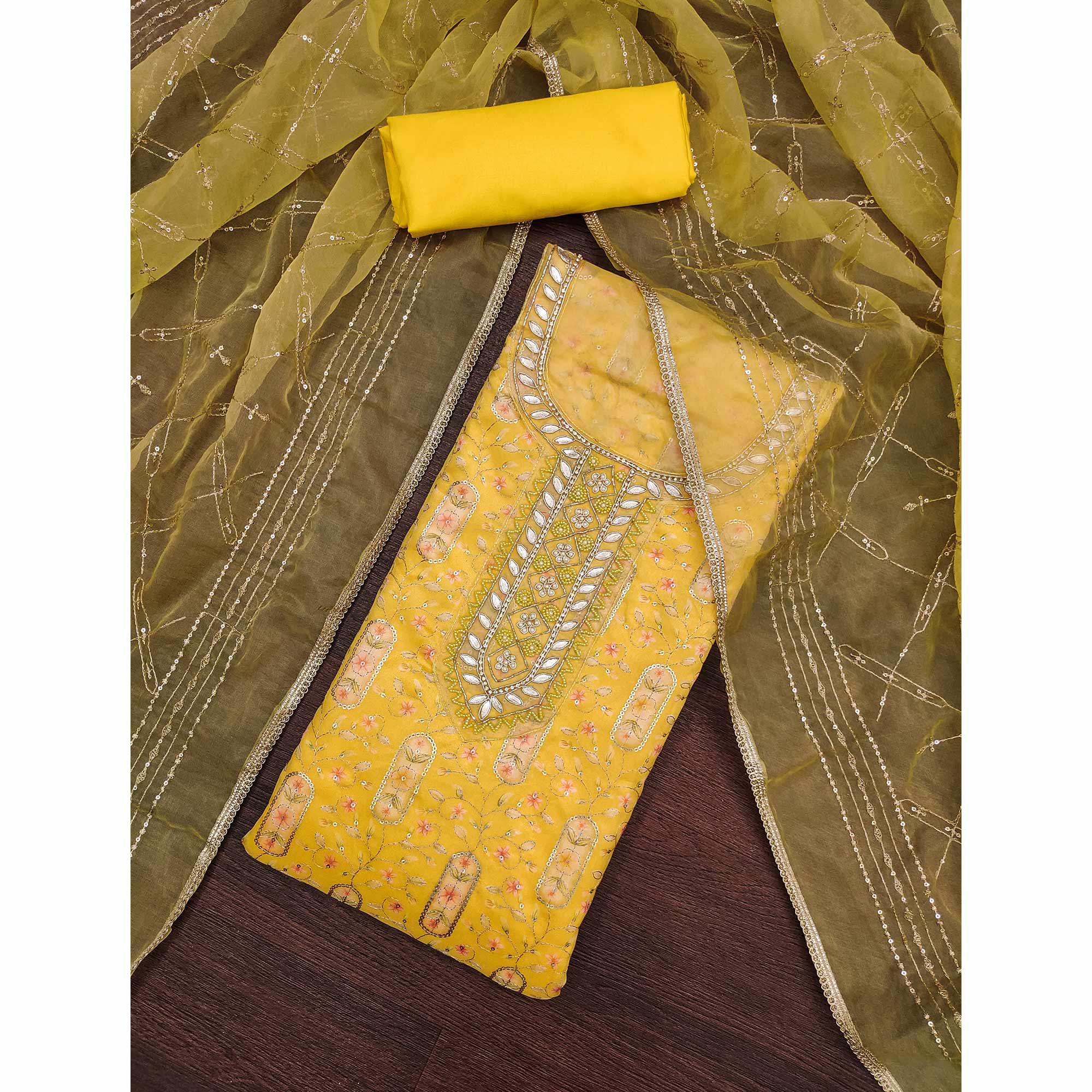 Yellow Floral Sequins Embroidery With Handwork Viscose Dress Material