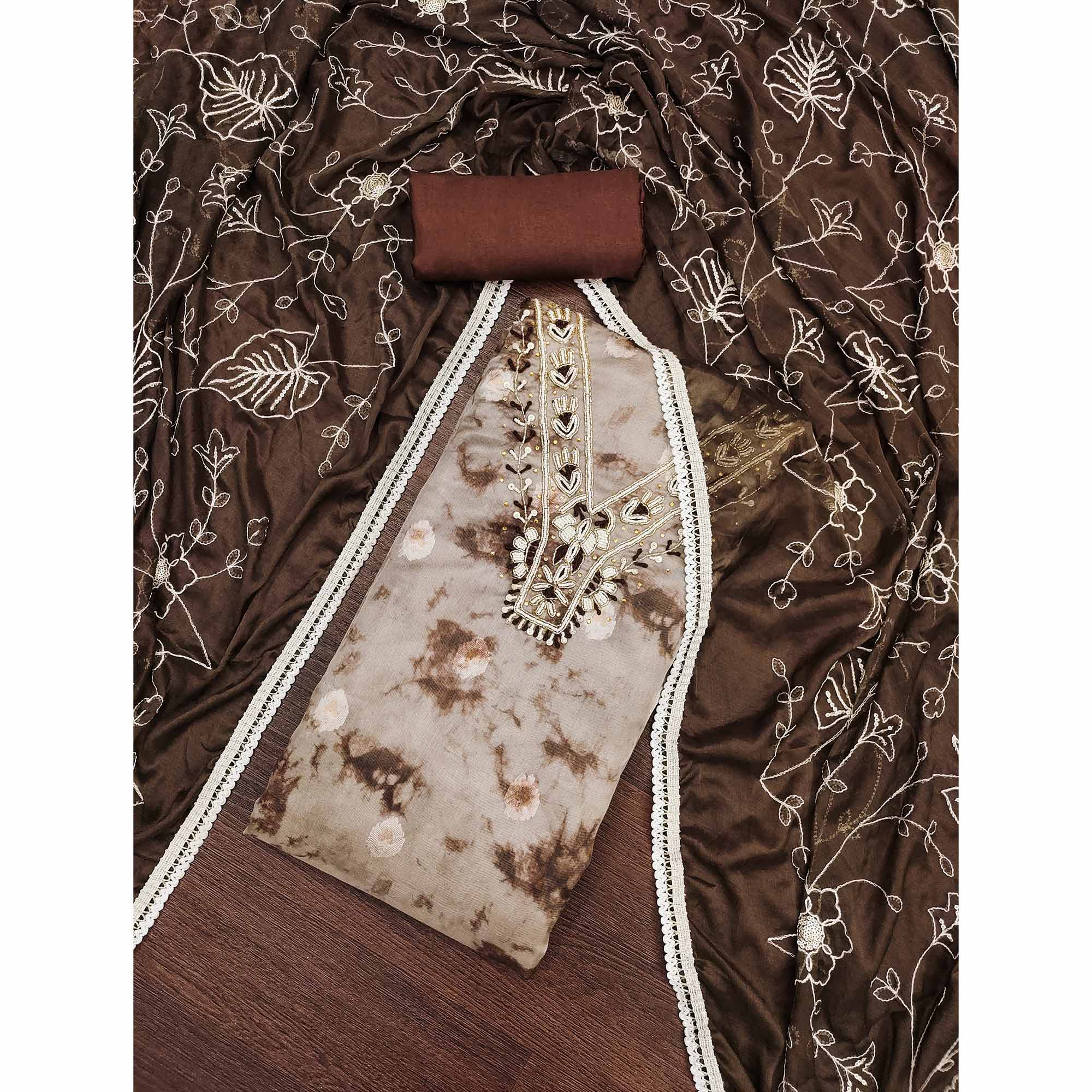 Brown Digital Printed With Handwork Organza Dress Material