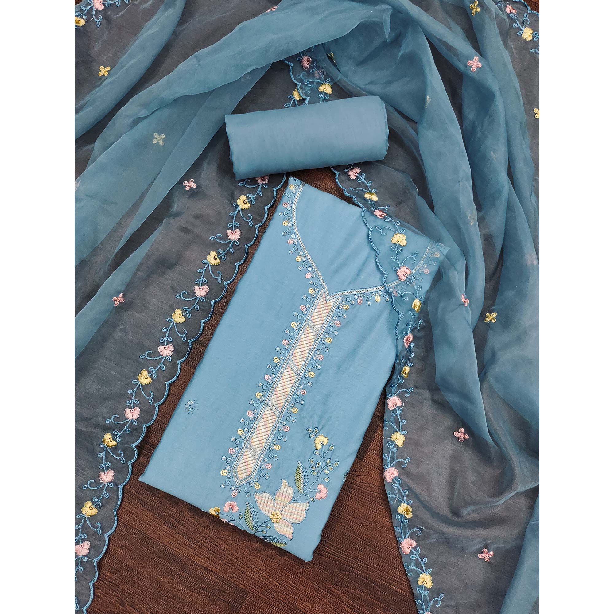 Blue Floral Sequins Embroidered Cotton Silk Dress Material