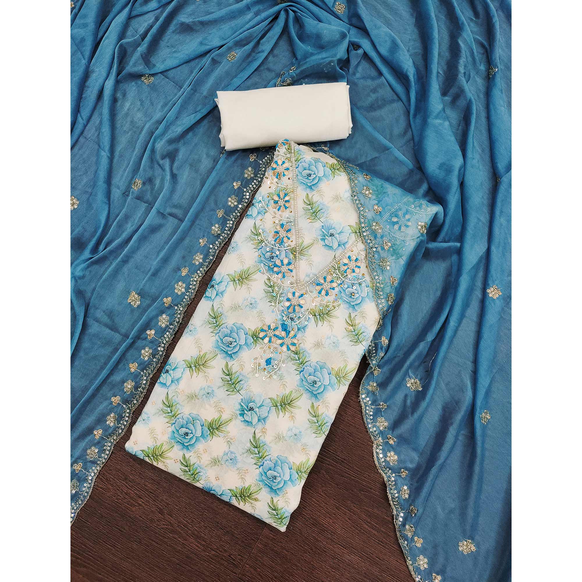 Blue Floral Digital Printed With Handwork Chanderi Silk Dress Material