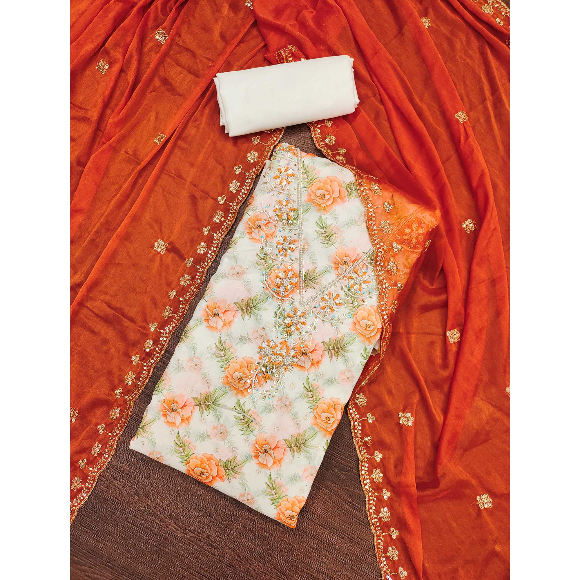 Orange Floral Digital Printed With Handwork Chanderi Silk Dress Material