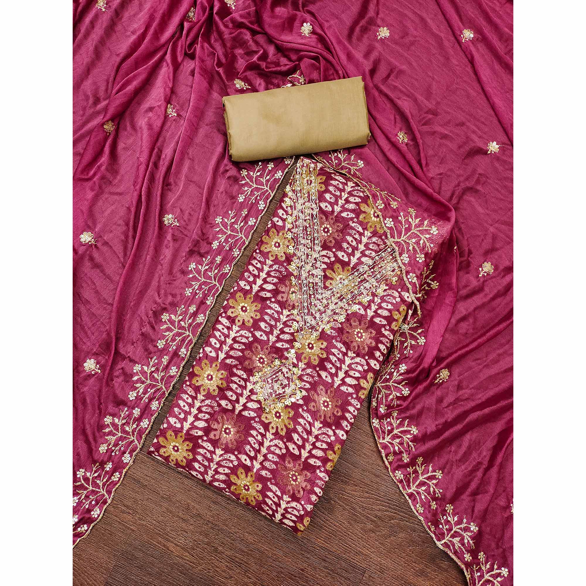 Dark Magenta Floral Printed With Handwork Pure Cotton Dress Material