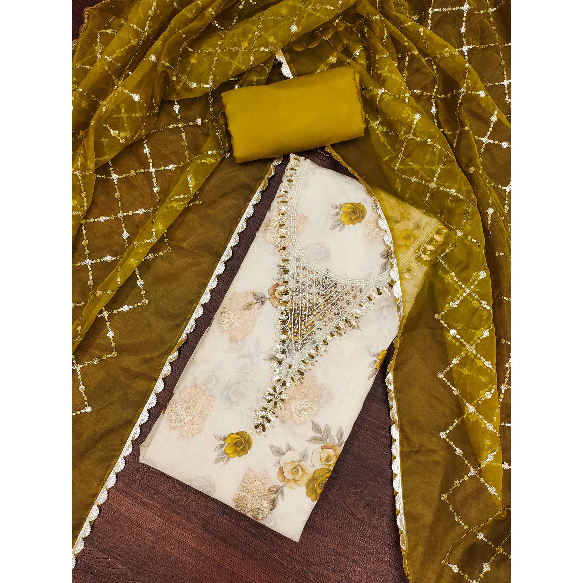 Mustard Floral Digital Printed With Handwork Viscose Banarasi Dress Material