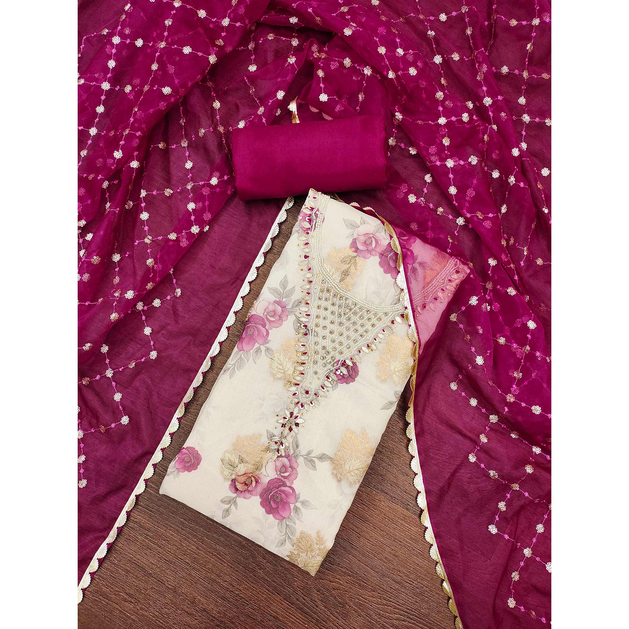 Pink Floral Digital Printed With Handwork Viscose Banarasi Dress Material
