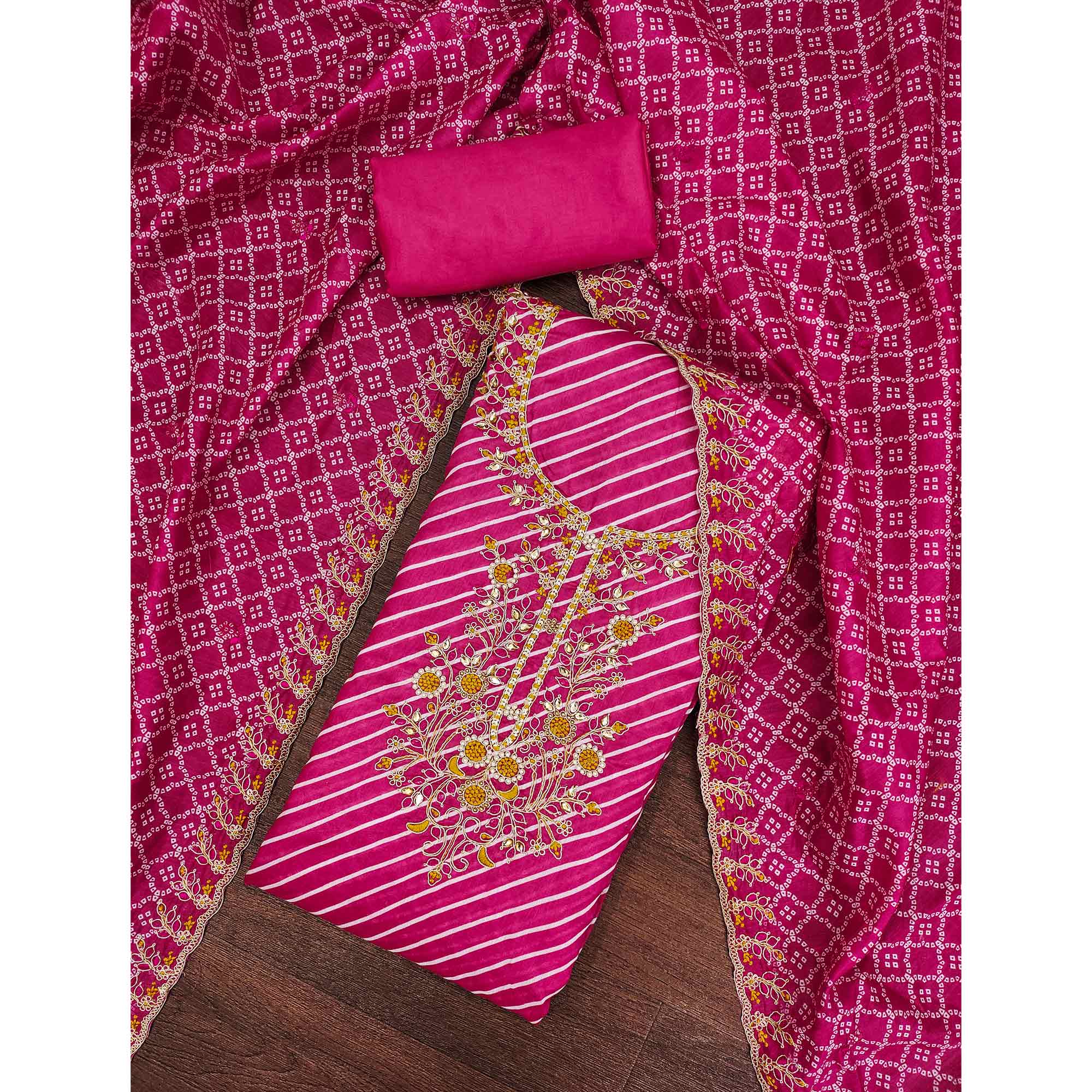 Rani Pink Striped Digital Printed With Handwork Muslin Dress Material