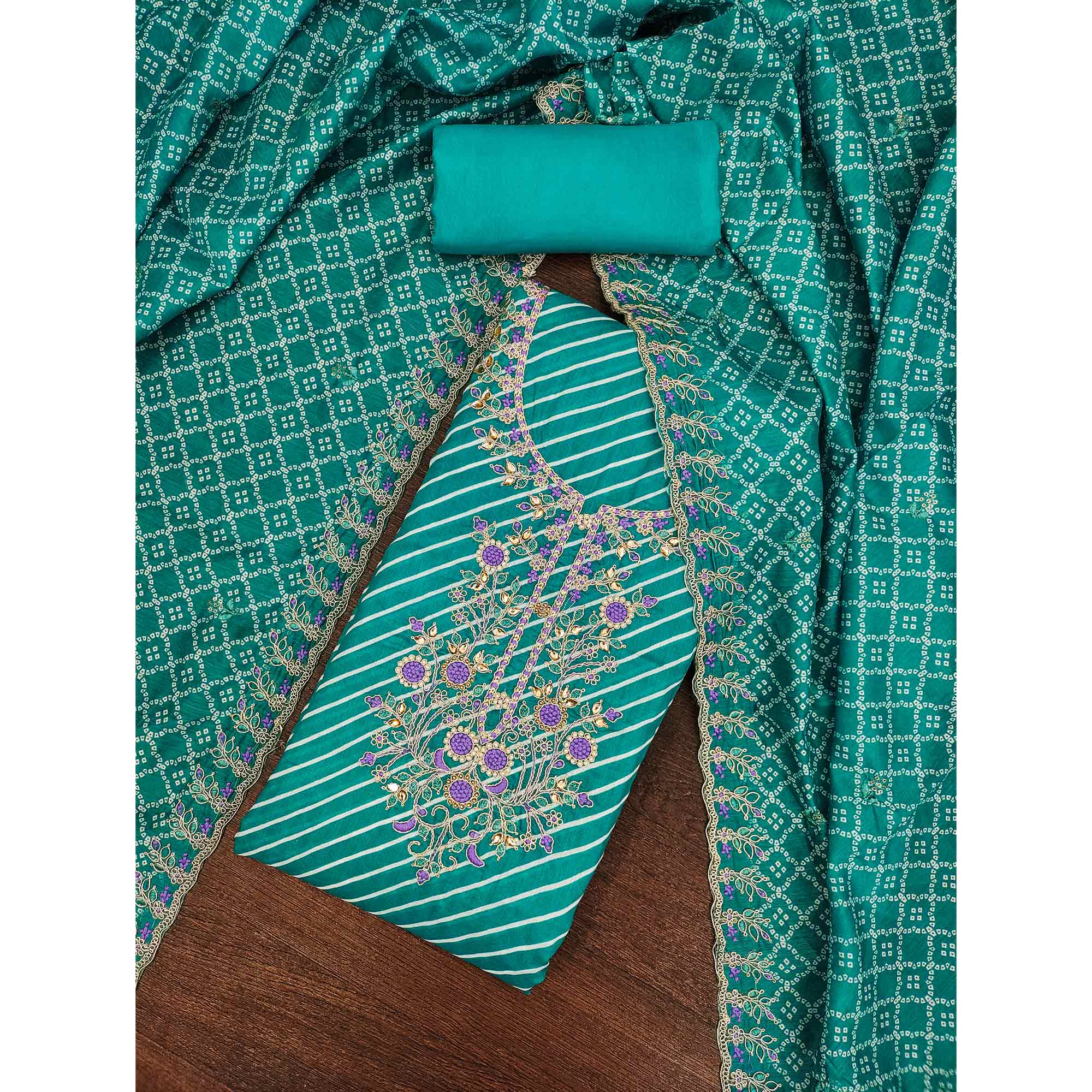 Rama Green Striped Digital Printed With Handwork Muslin Dress Material