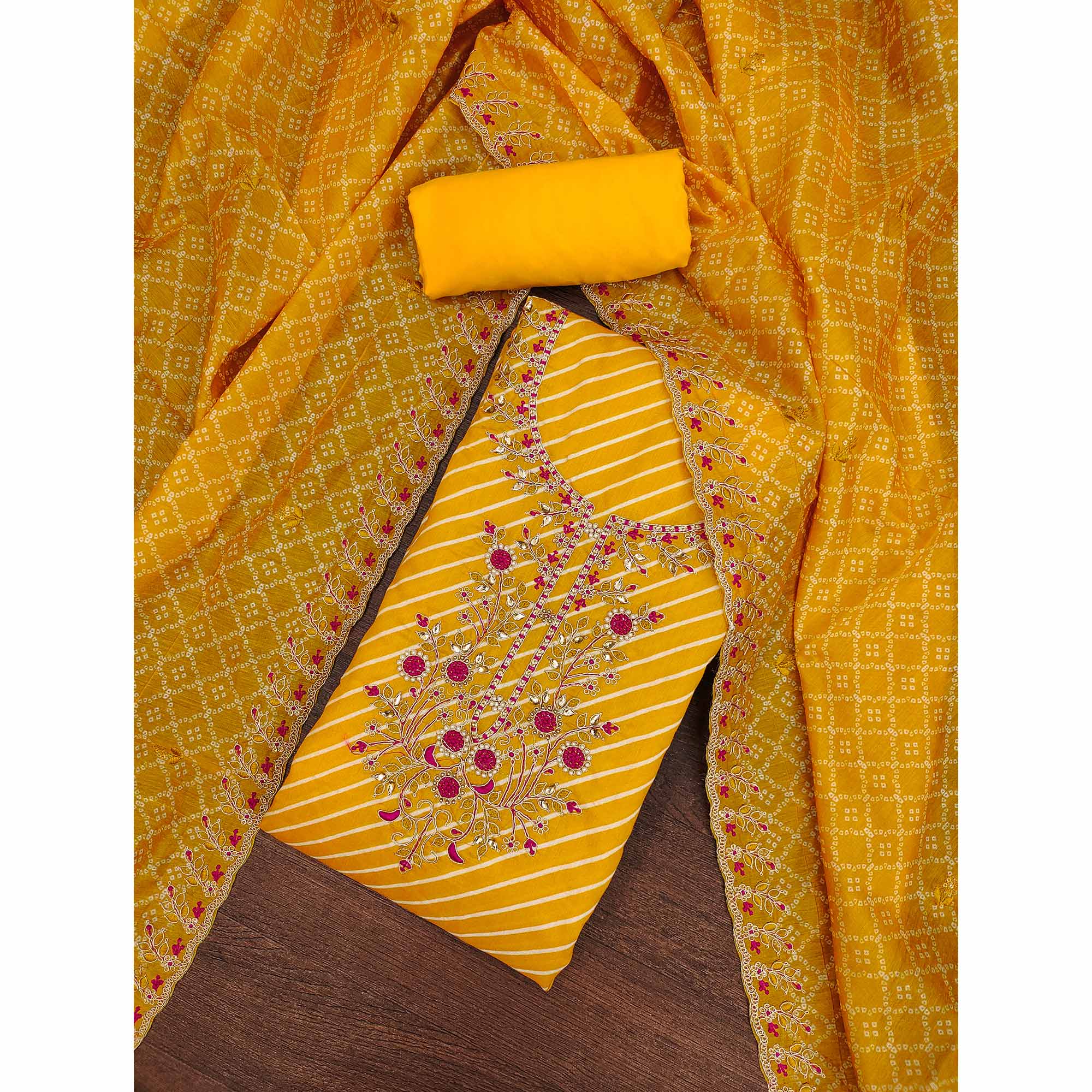 Yellow Striped Digital Printed With Handwork Muslin Dress Material