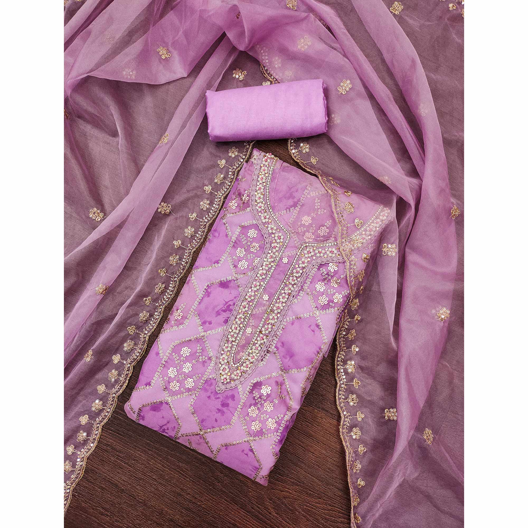 Purple Floral Sequins Embroidery With Handwork Organza Dress Material