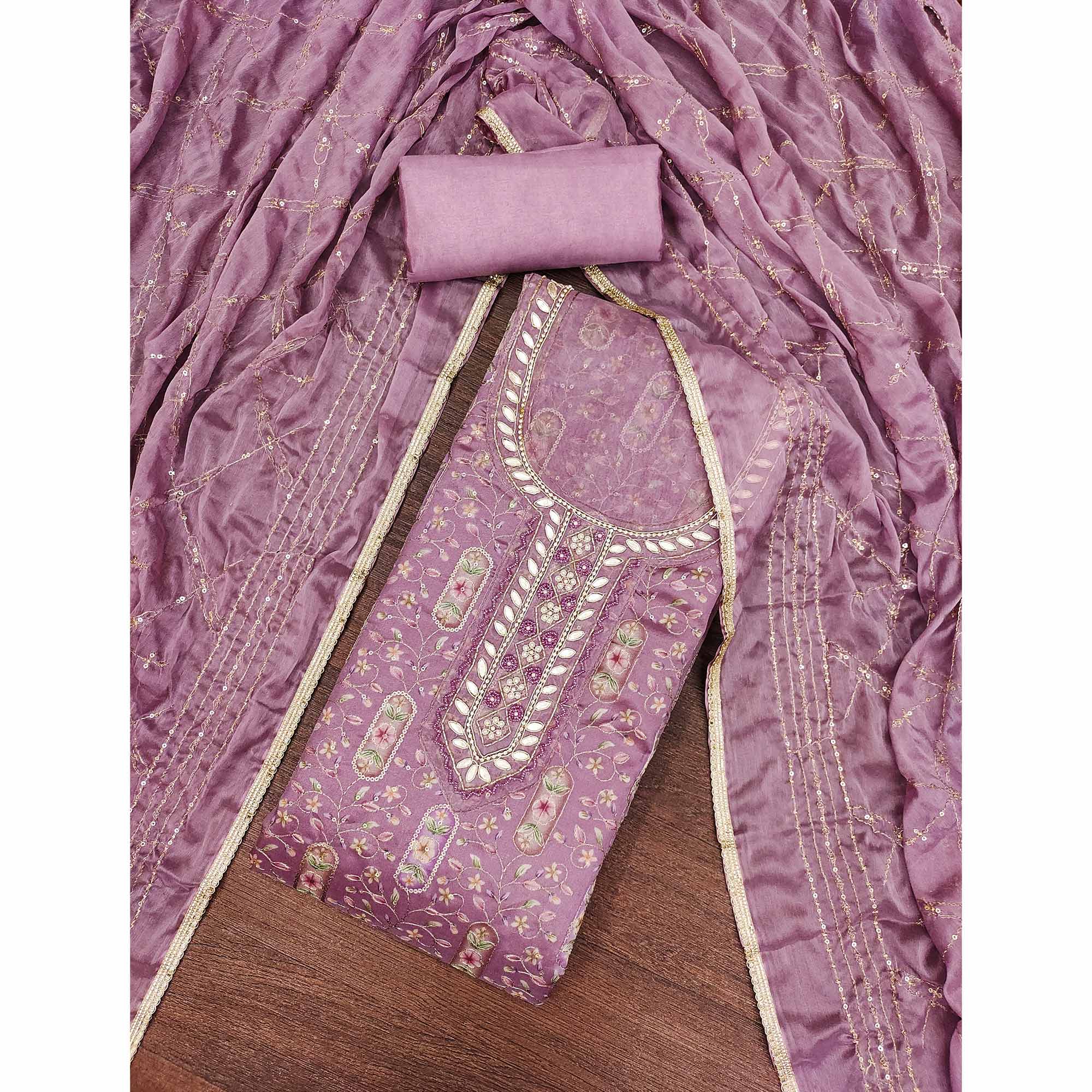 Mauve Floral Sequins Embroidery With Handwork Organza Dress Material