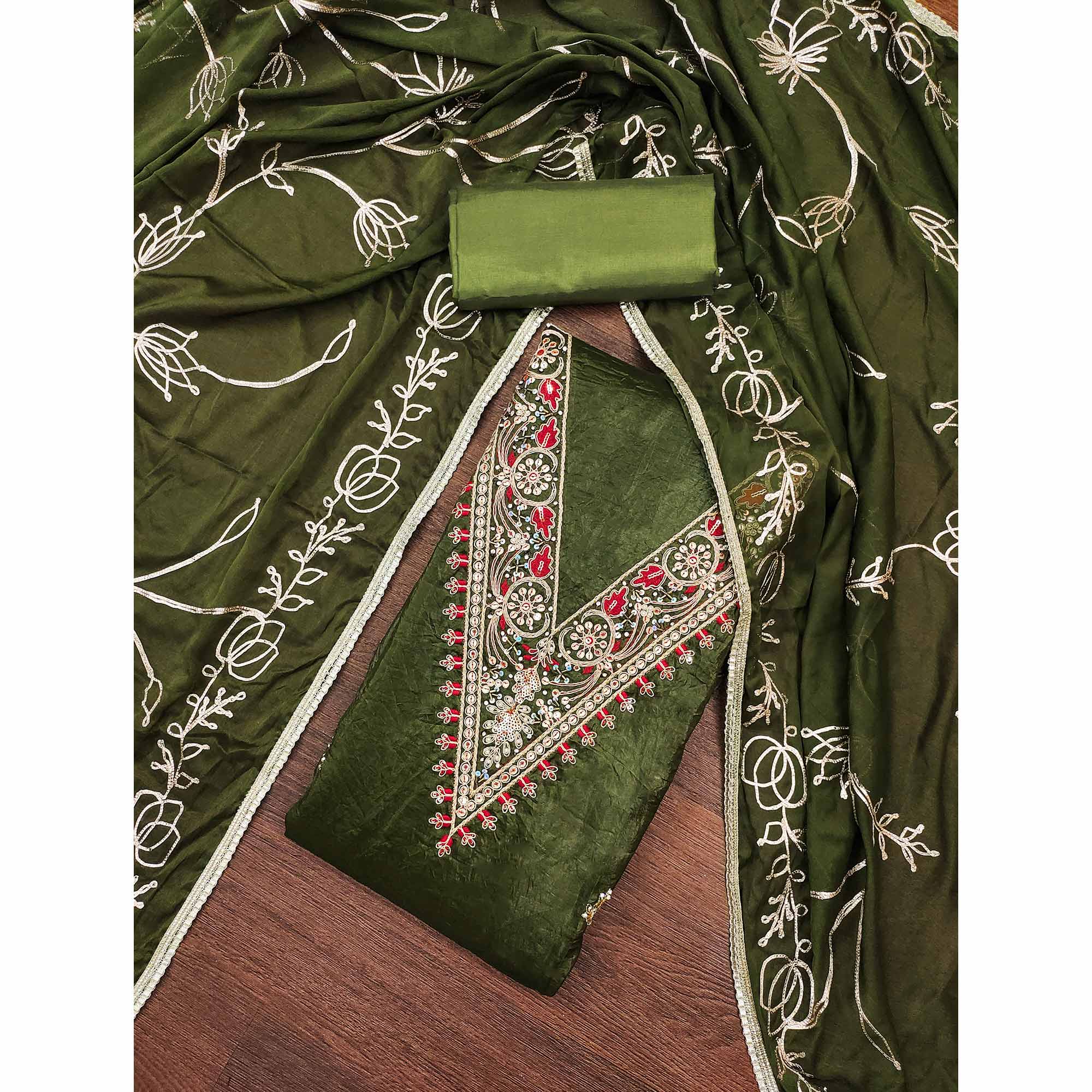Green Sequins Embroidery With Handwork Viscose Golden Crush Dress Material