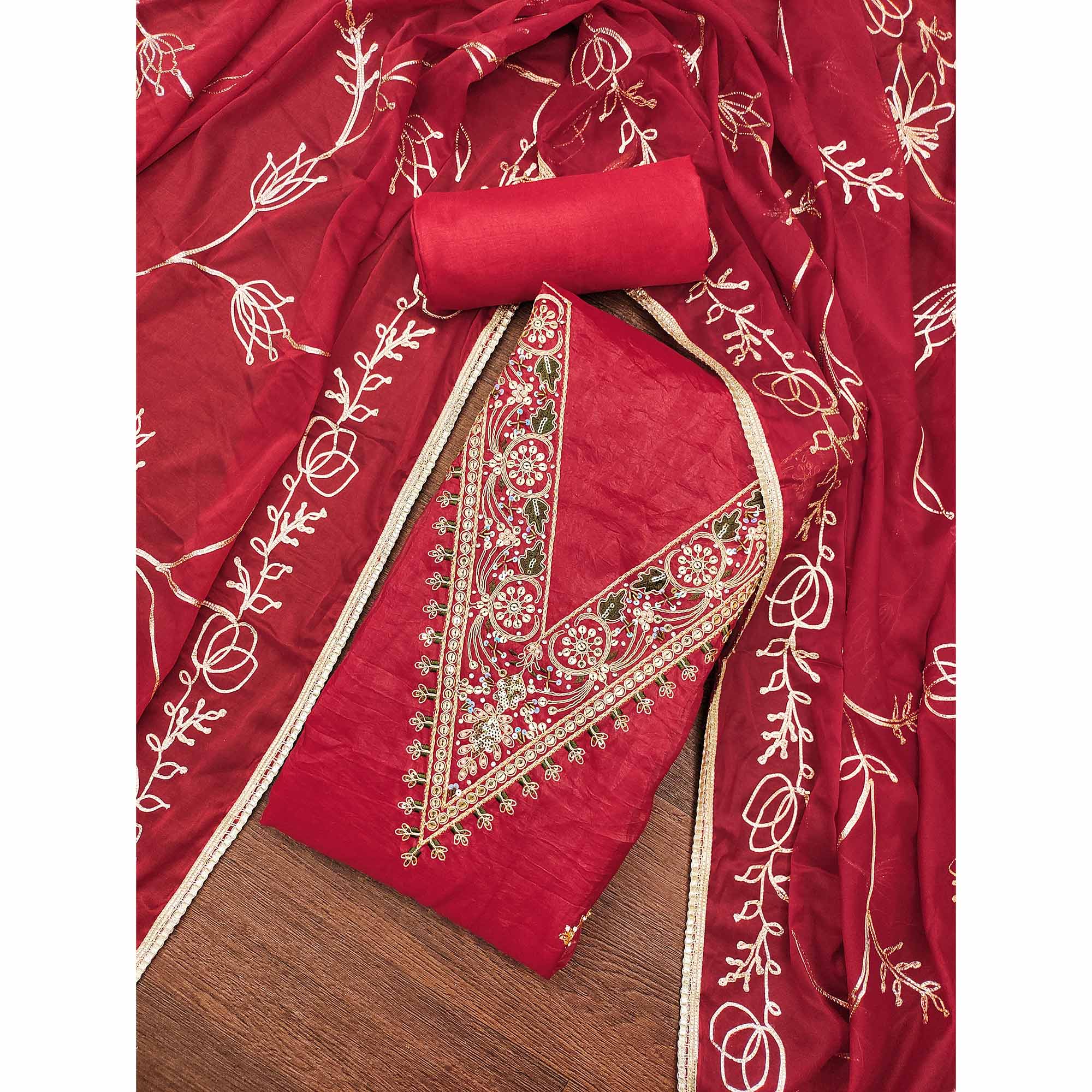 Red Sequins Embroidery With Handwork Viscose Golden Crush Dress Material