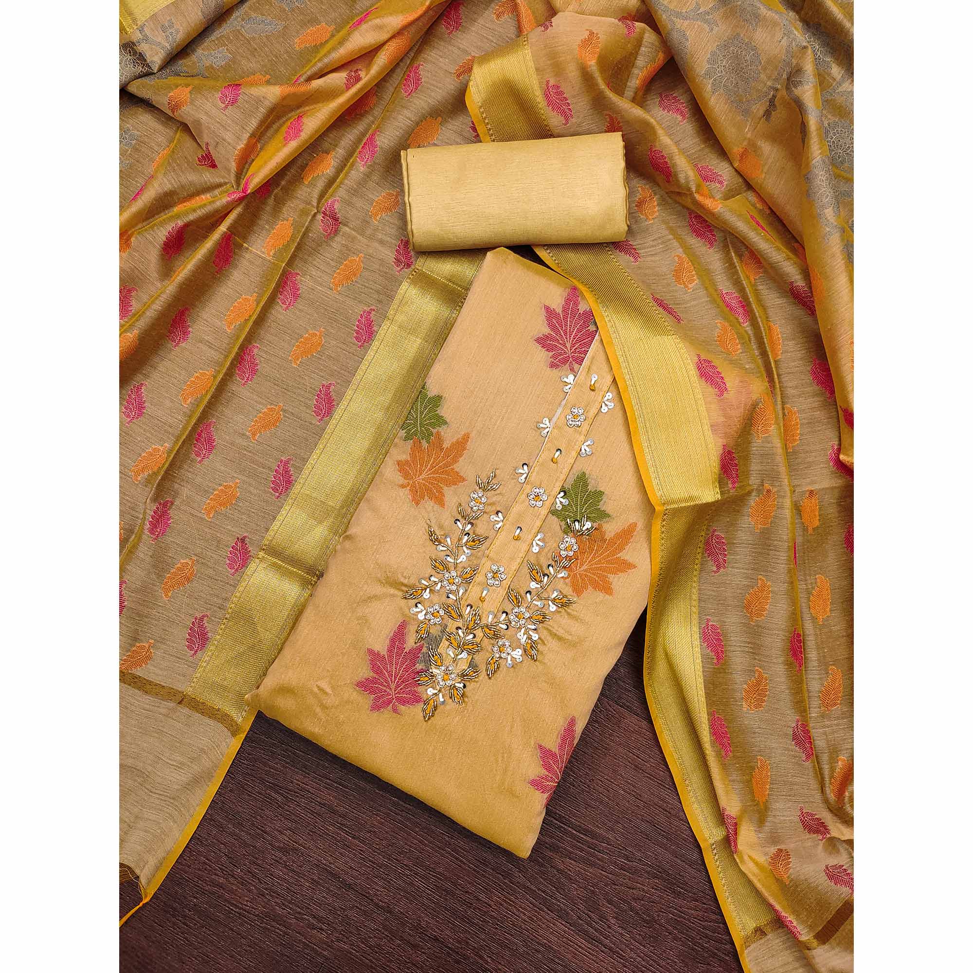 Chikoo Floral Woven With Handwork Banarasi Silk Dress Material