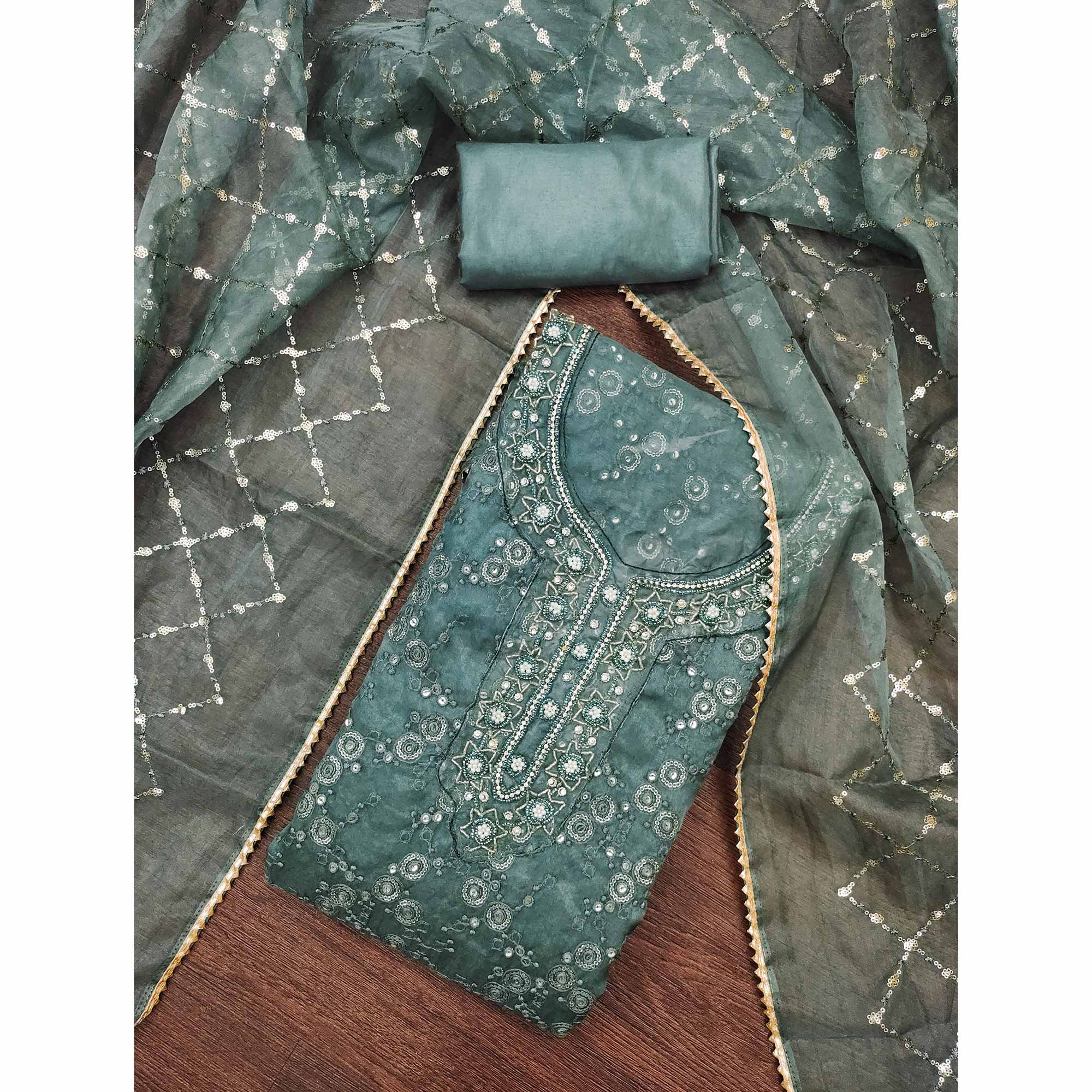 Green Sequins Embroidery With Handwork Organza Dress Material