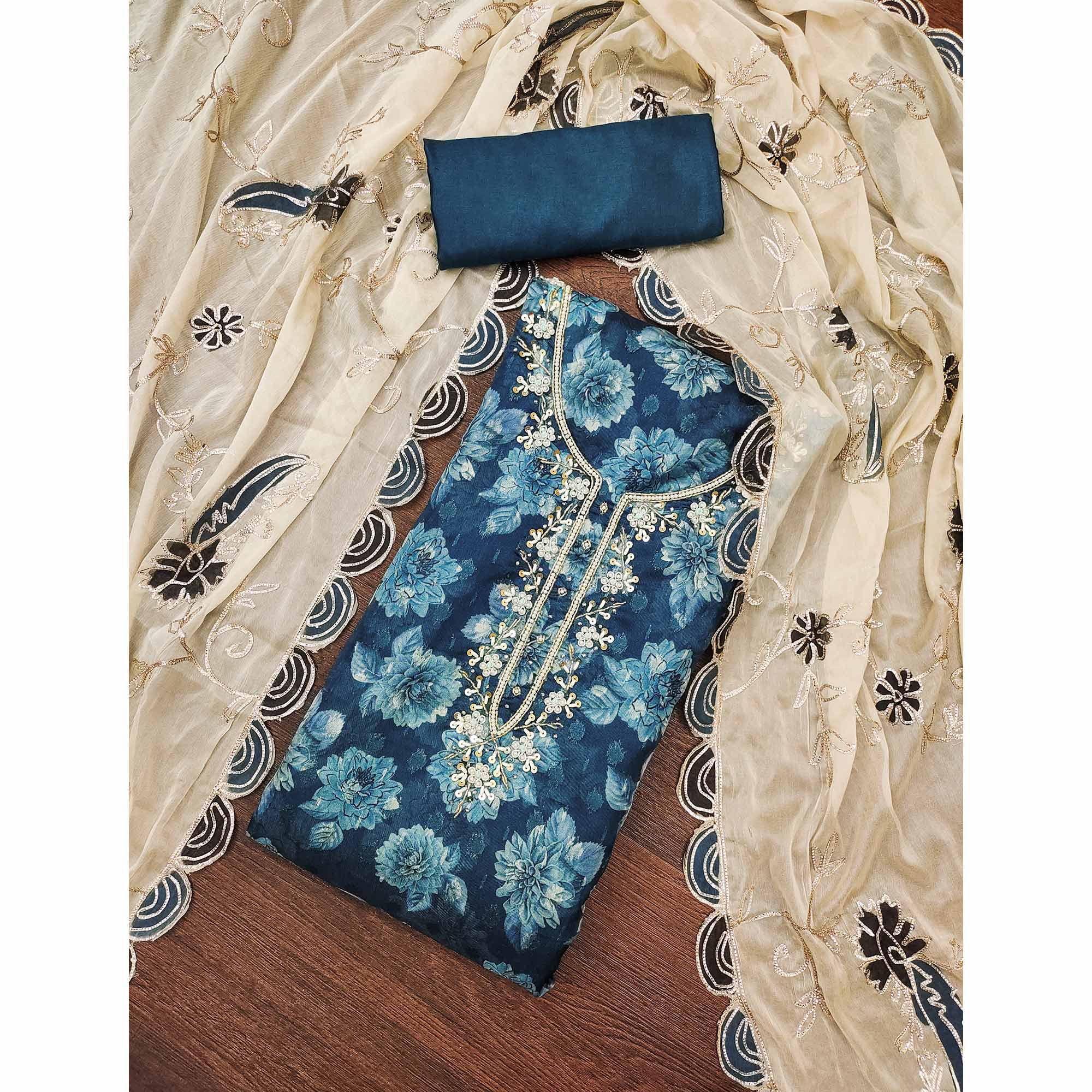 Blue Floral Printed With Handwork Viscose Banarasi Dress Material