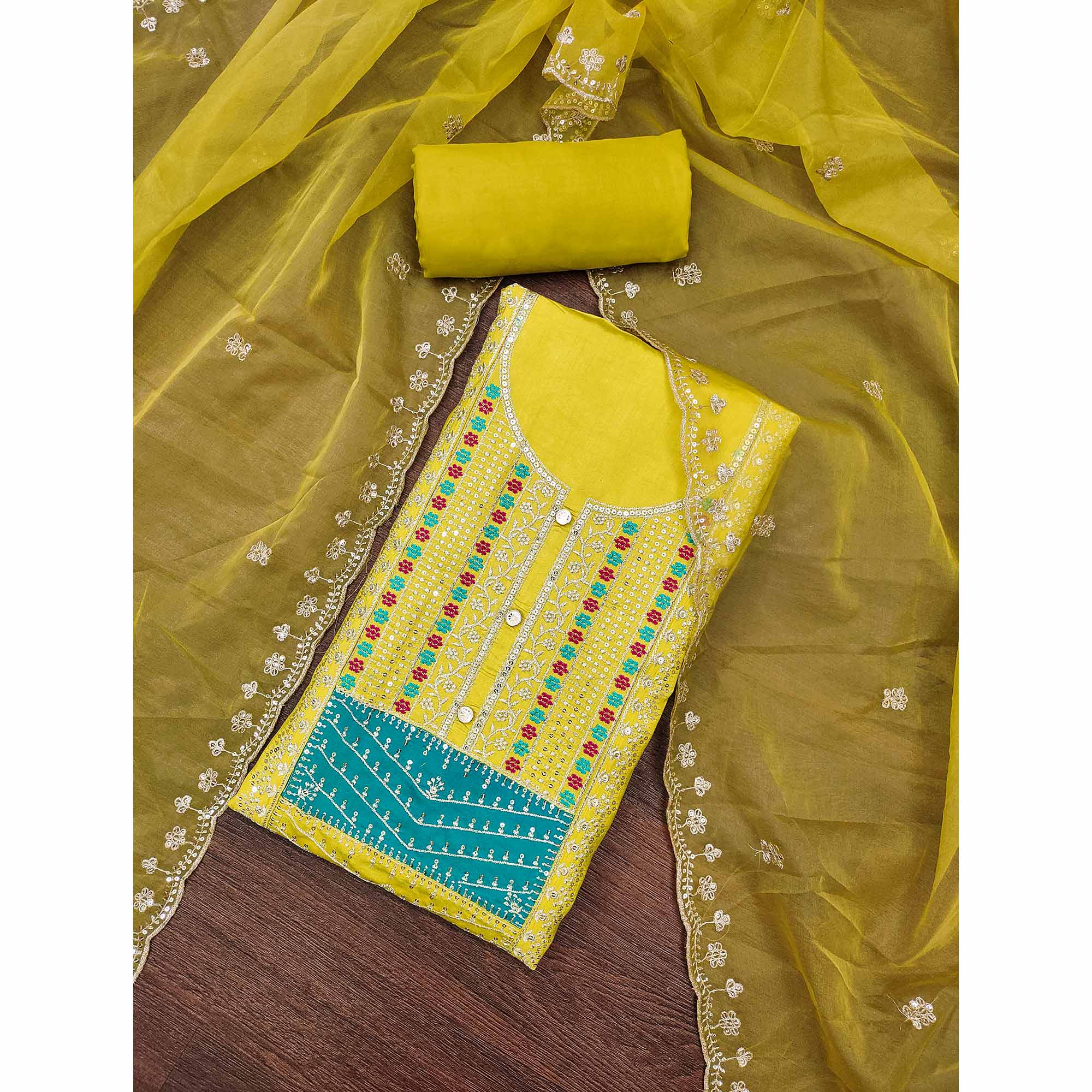 Green Floral Sequins Embroidered Roman Cotton Silk Dress Material