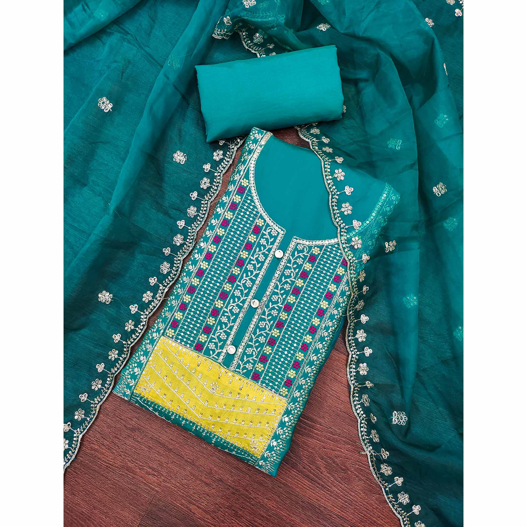 Rama Blue Floral Sequins Embroidered Roman Cotton Silk Dress Material